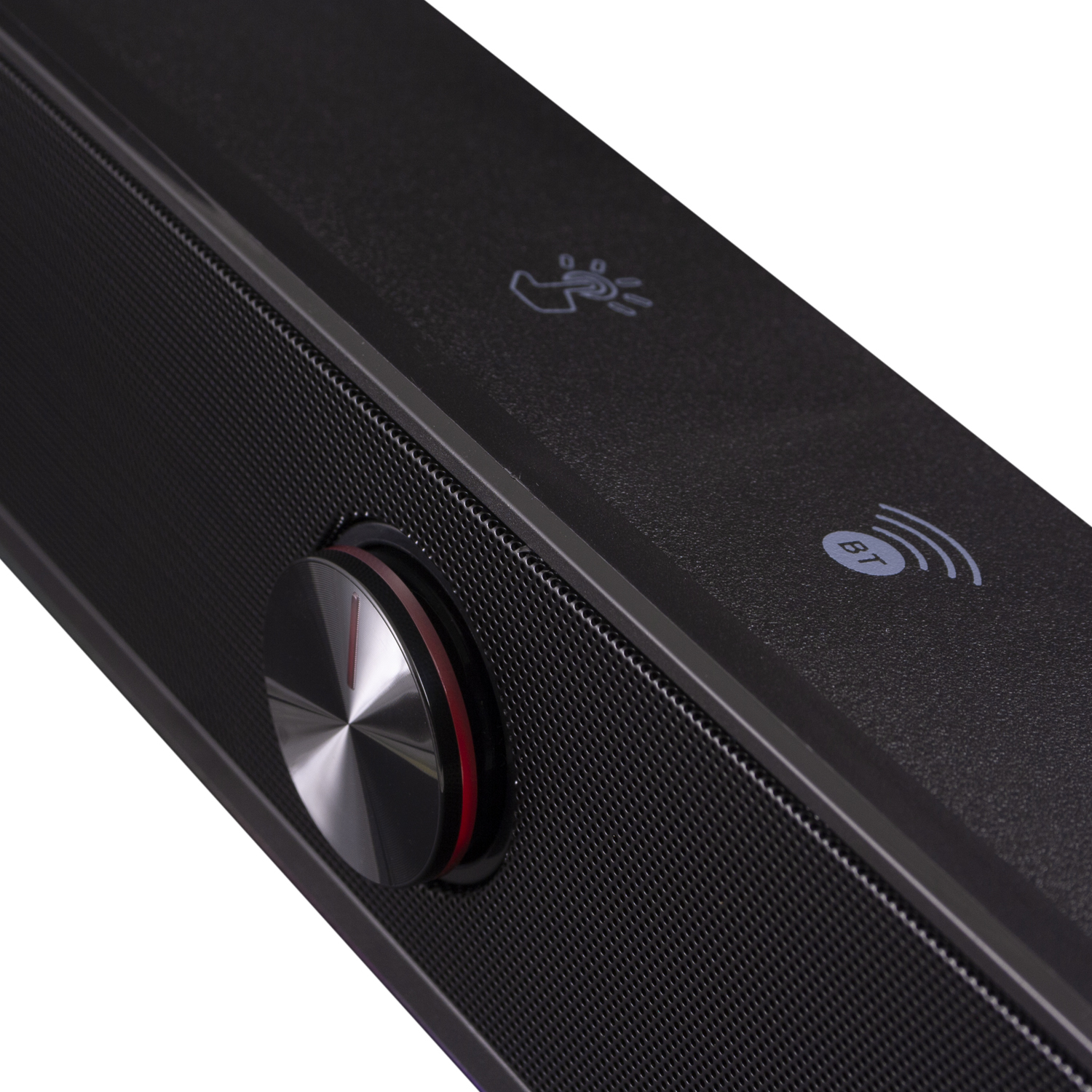 Schwarze Soundbar mit Drehknopf und Tasten. Ein Maschengitter bedeckt die Vorderseite.