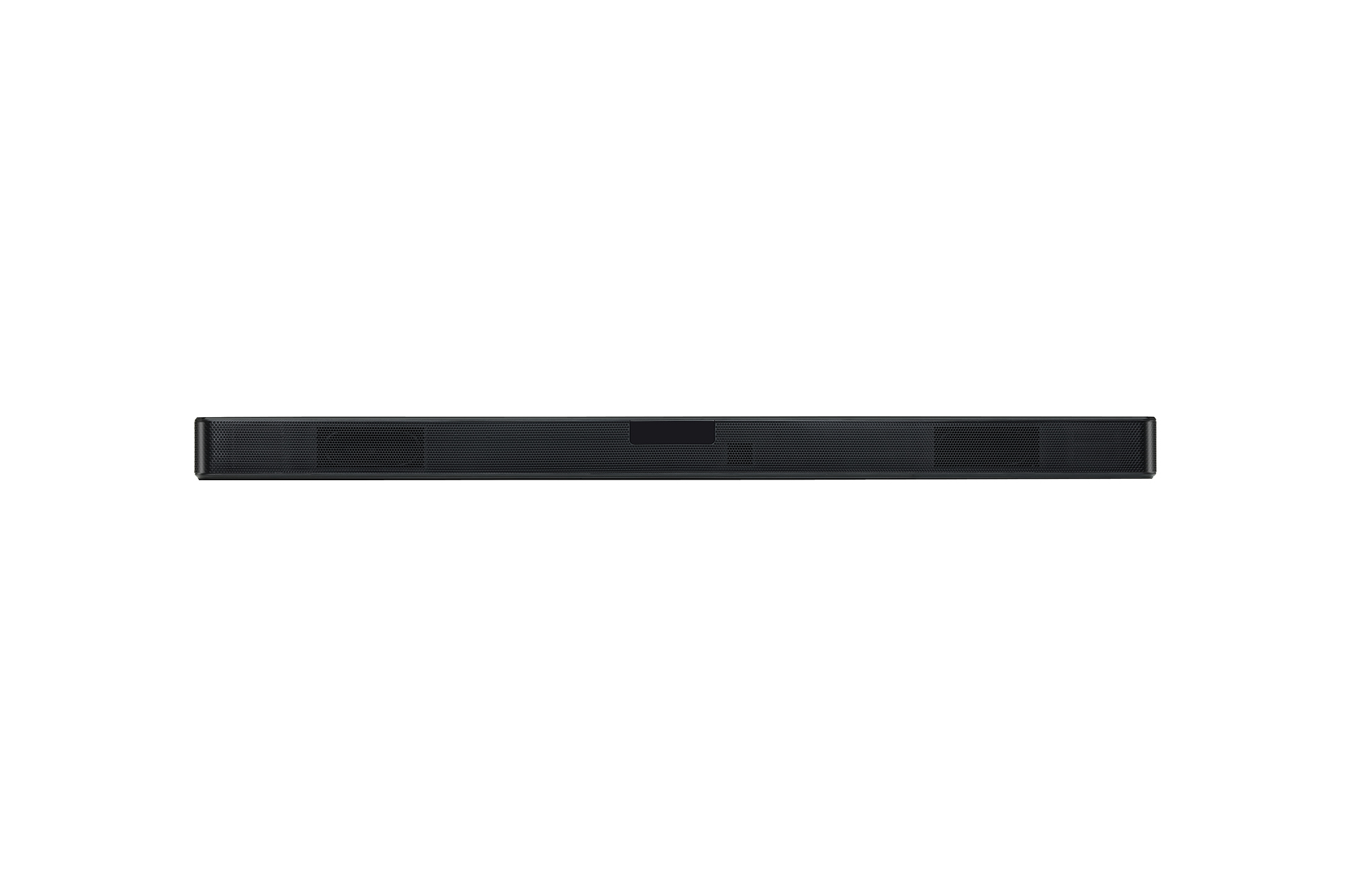 Schwarze Soundbar, Draufsicht, zentriert auf Weiß. Mesh-Front und schlichtes Design.