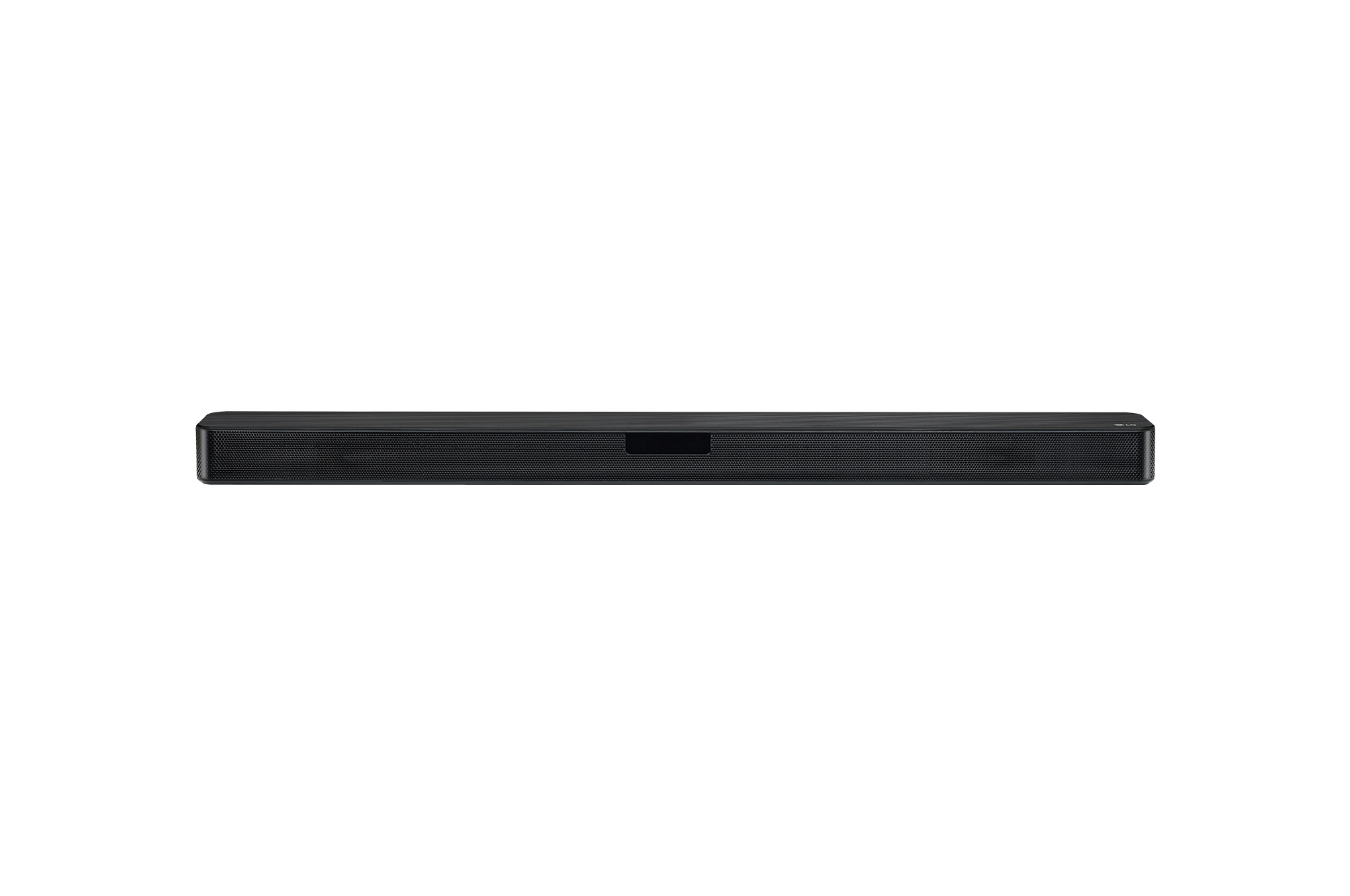 Eine schwarze Soundbar wird auf weißem Hintergrund gezeigt. Die Anzeige befindet sich in der Mitte.