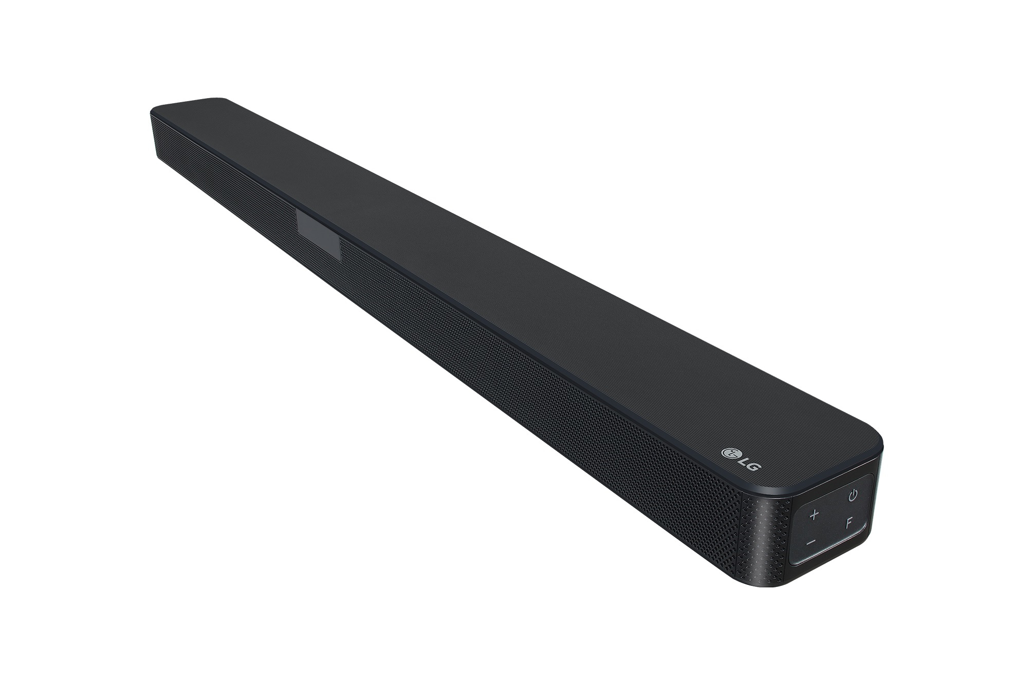 Eine schwarze LG Soundbar mit Ein-/Aus- und Lautstärketasten rechts.