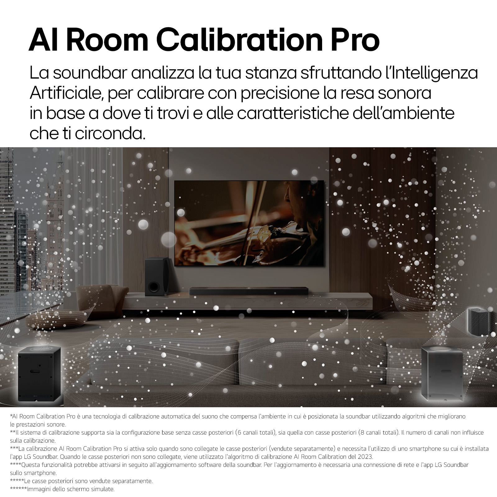 Image with text about AI Room Calibration Pro. Shows a living room with a soundbar and speakers.