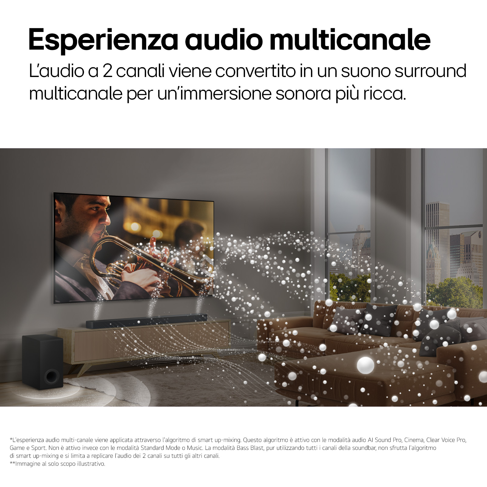 Living room scene with TV, soundbar, and subwoofer.  Audio experience illustration with dots and a trumpet.