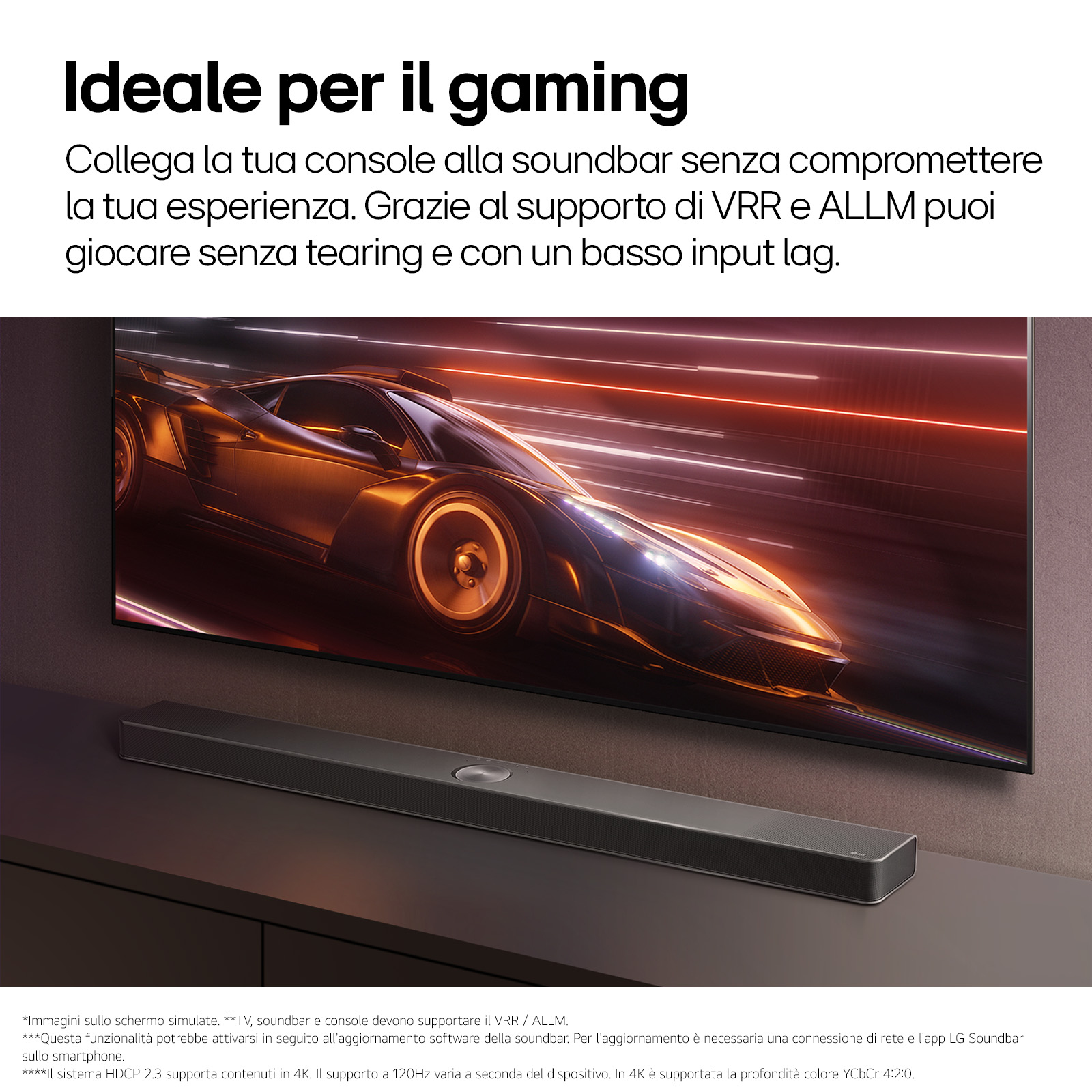 A soundbar under a gaming screen, with a car racing game. The text says 'Gaming'.