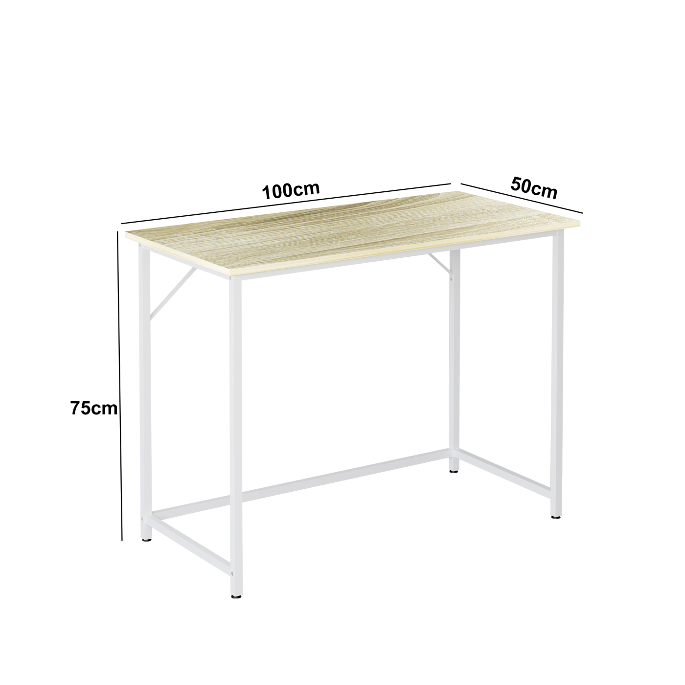 A simple desk with dimensions, featuring a light wood top and white metal legs.