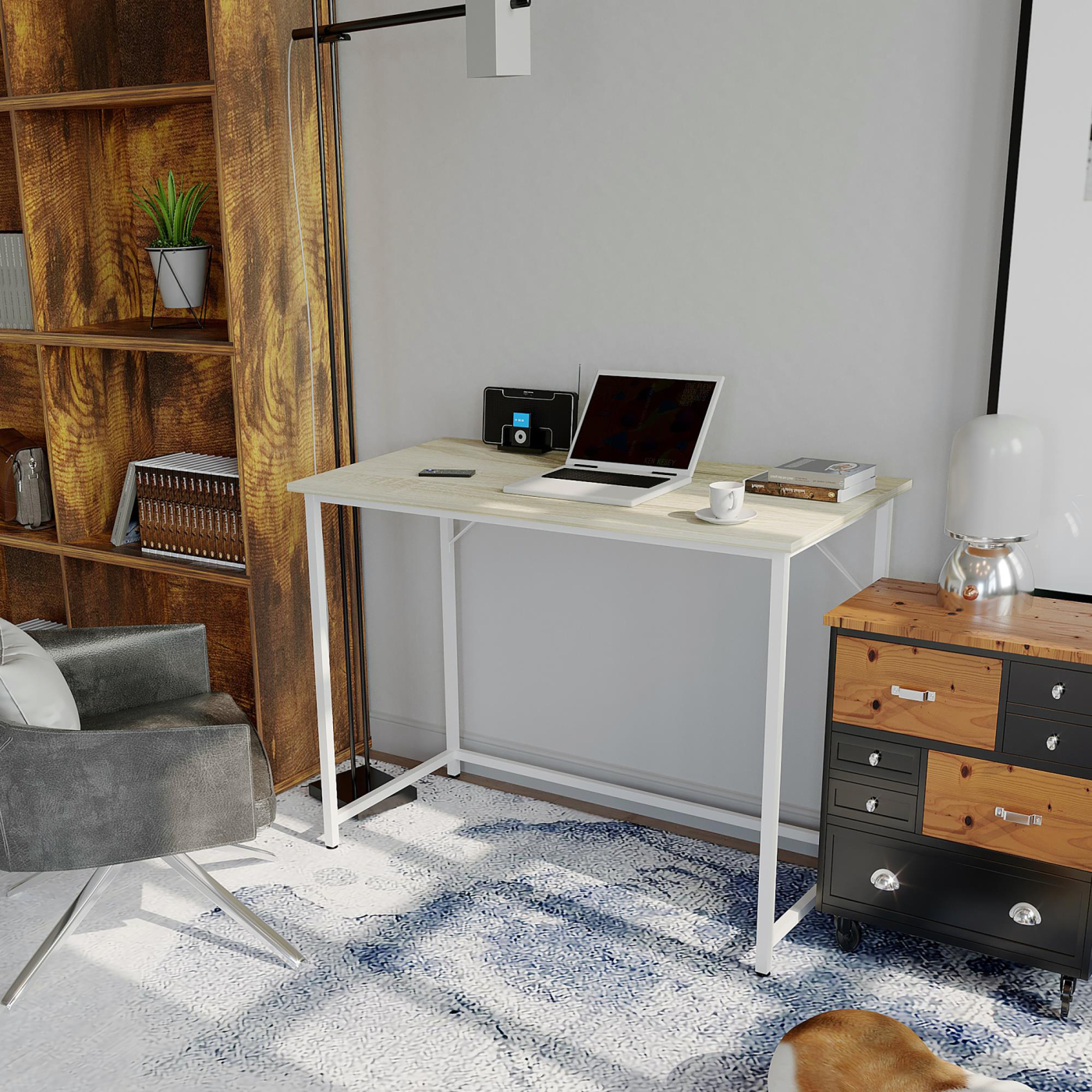 A bright room with a desk, laptop, chair, and a dog lying on a rug under the sunlight.