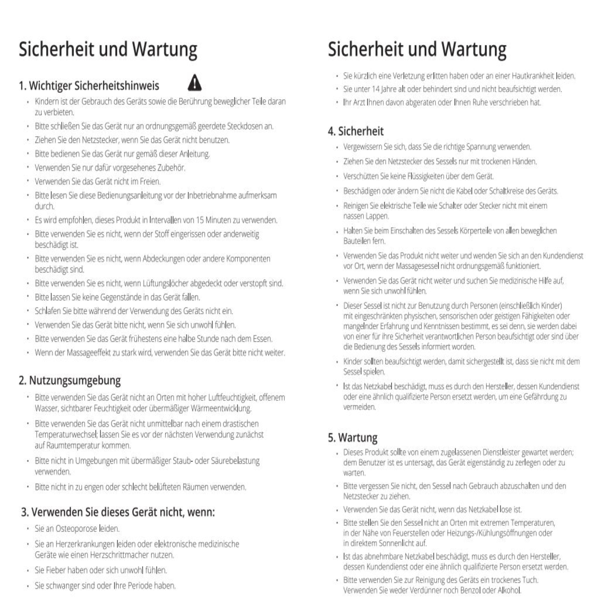 Sicherheits- und Wartungsrichtlinien in deutschem Text. Enthält Warnungen zu Gebrauch und Pflege.