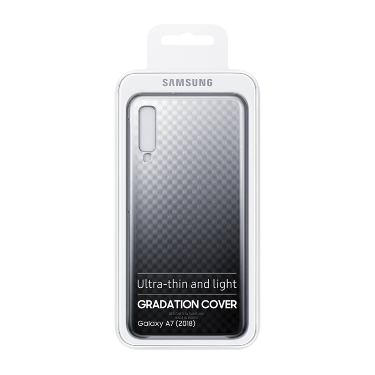 Una funda para teléfono en un paquete transparente. Es blanca y tiene el logotipo de Samsung. La funda es ultrafina.