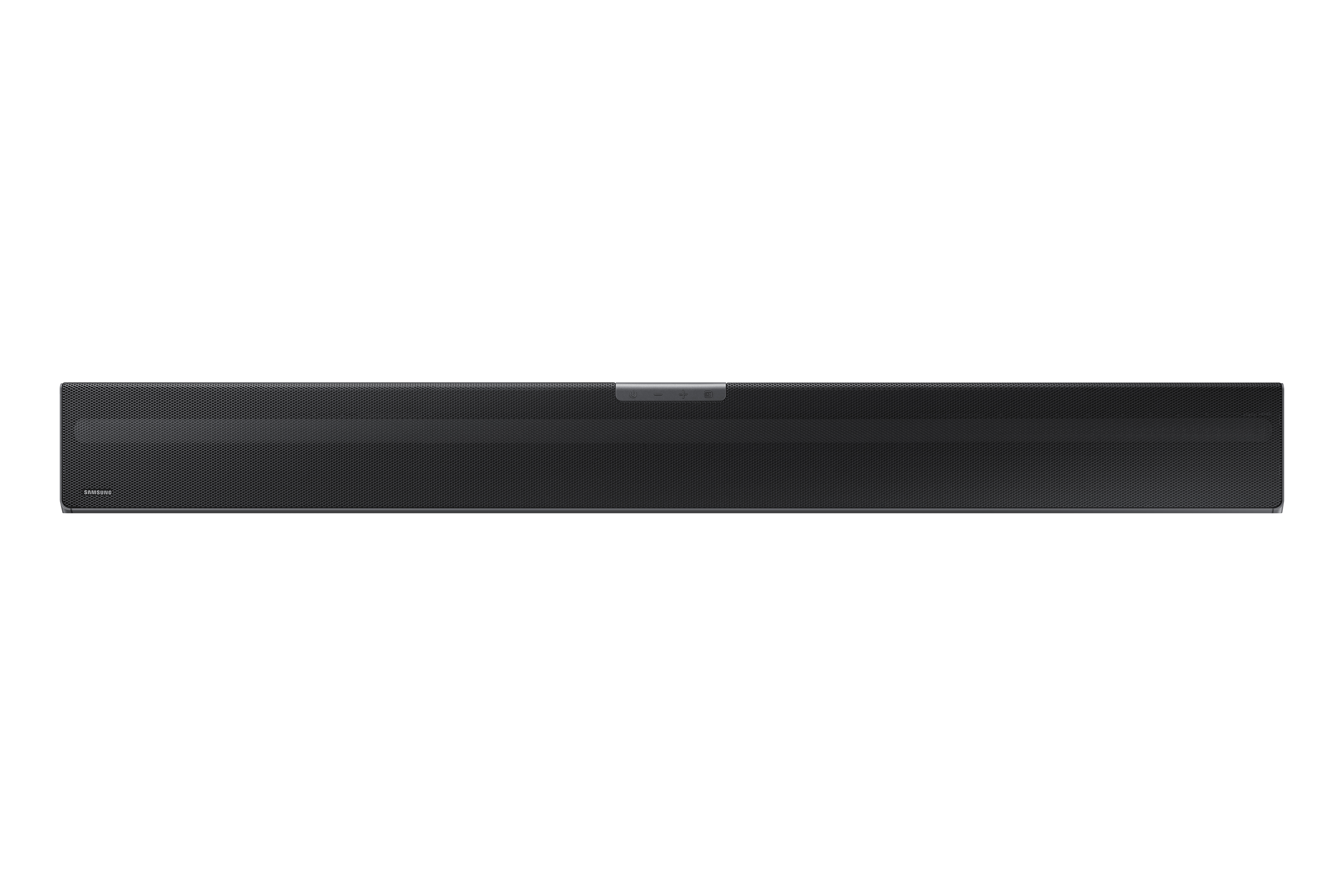 Eine lange, schwarze Soundbar mit subtiler Textur, aus der Vogelperspektive gesehen.