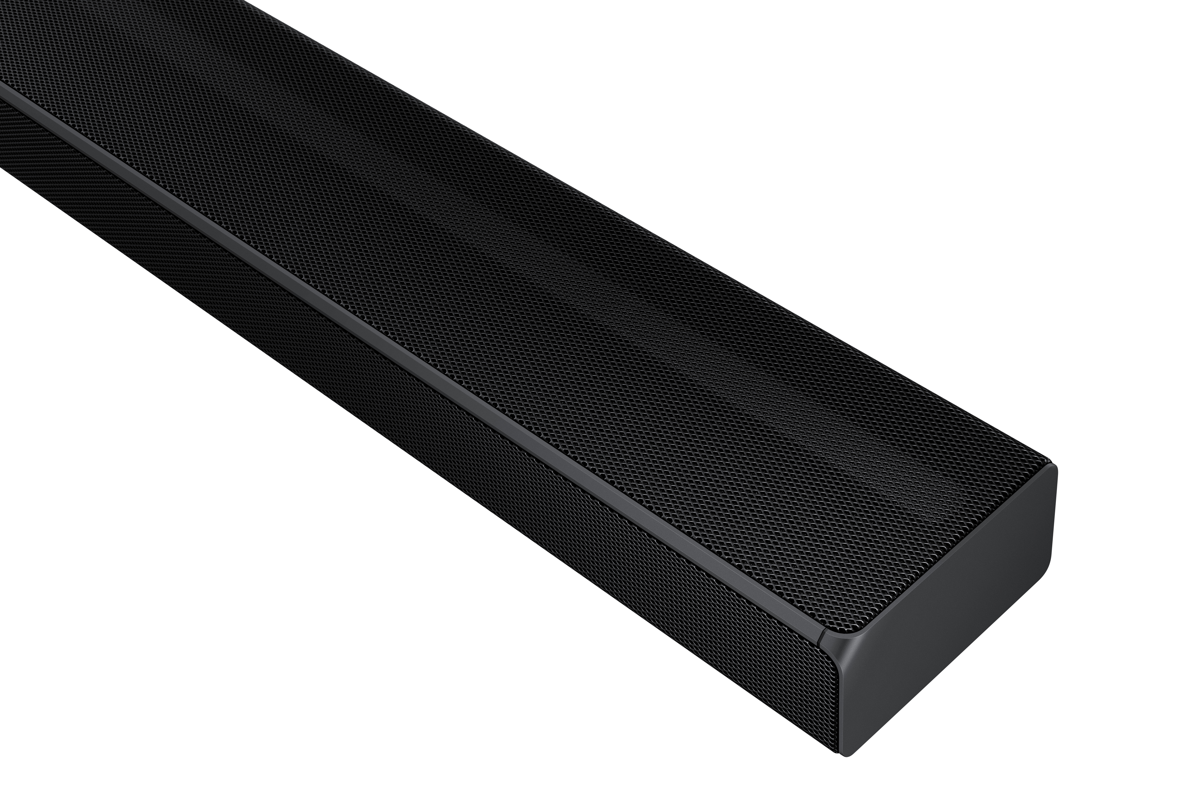 Schwarzes Soundbar-Detail auf weißem Hintergrund. Die Oberfläche hat ein strukturiertes Muster.