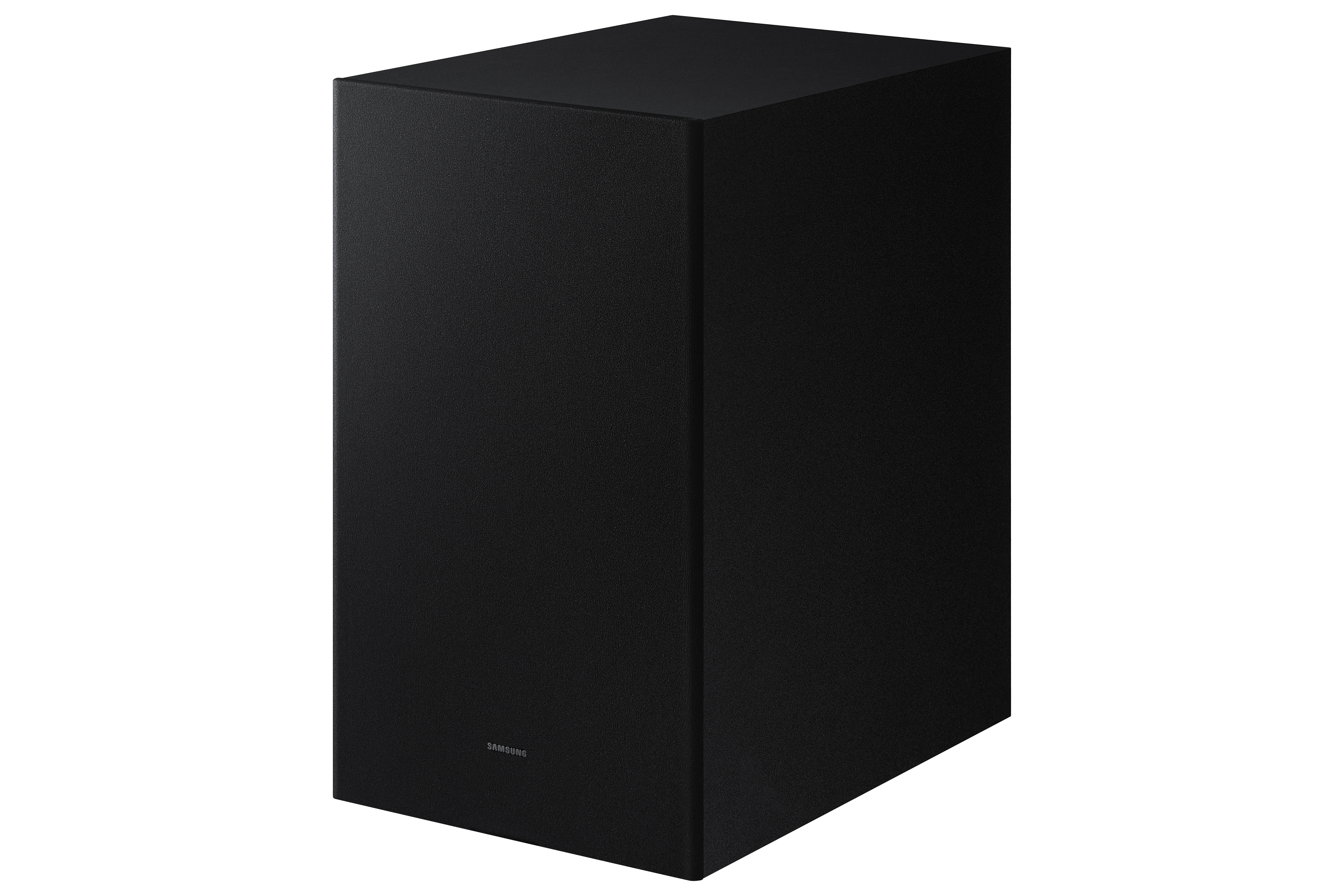 Schwarzer Samsung Subwoofer auf weißem Hintergrund, mit dem Samsung-Logo.