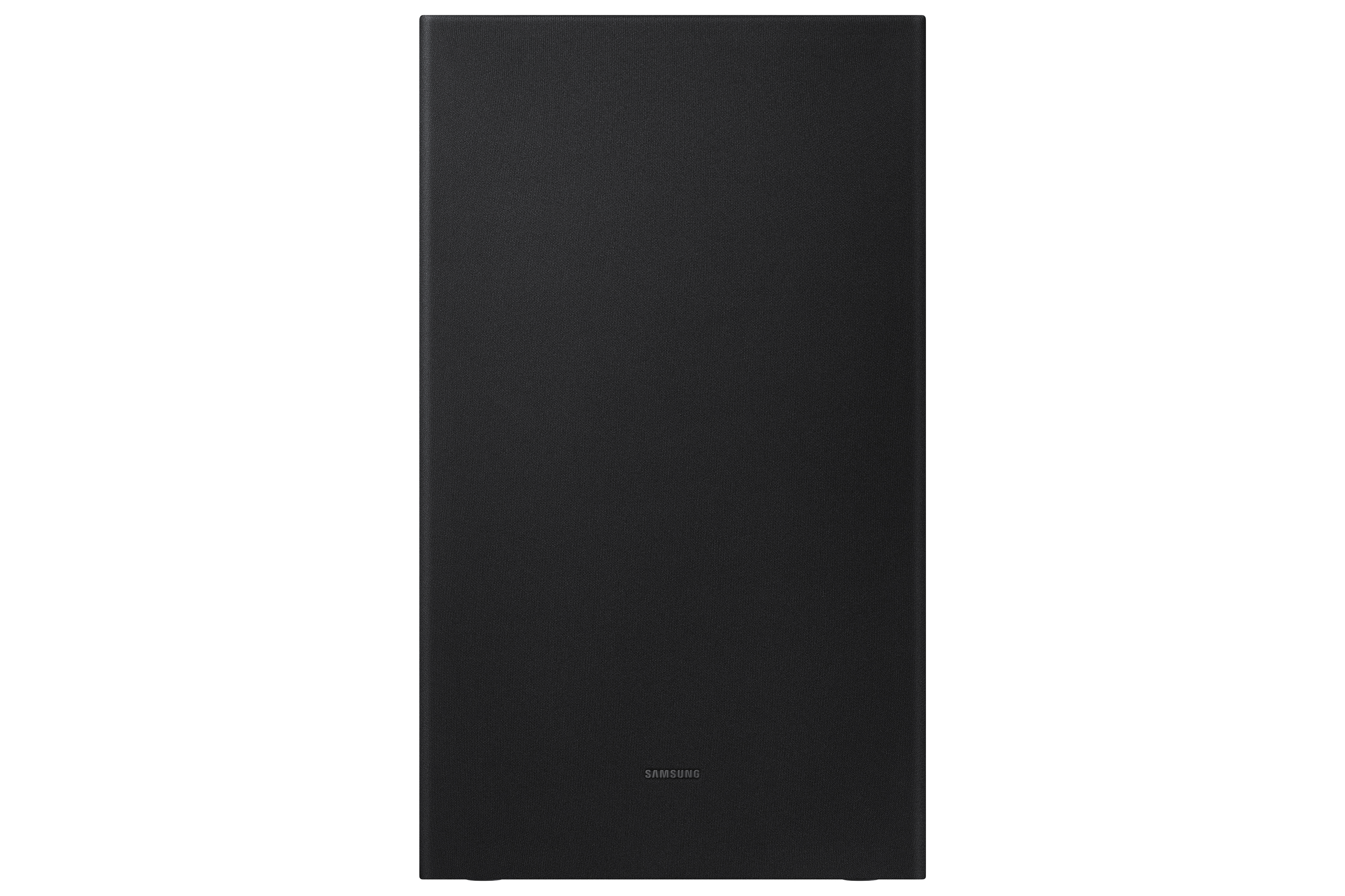 Schwarzer rechteckiger Subwoofer mit dem Markennamen Samsung.