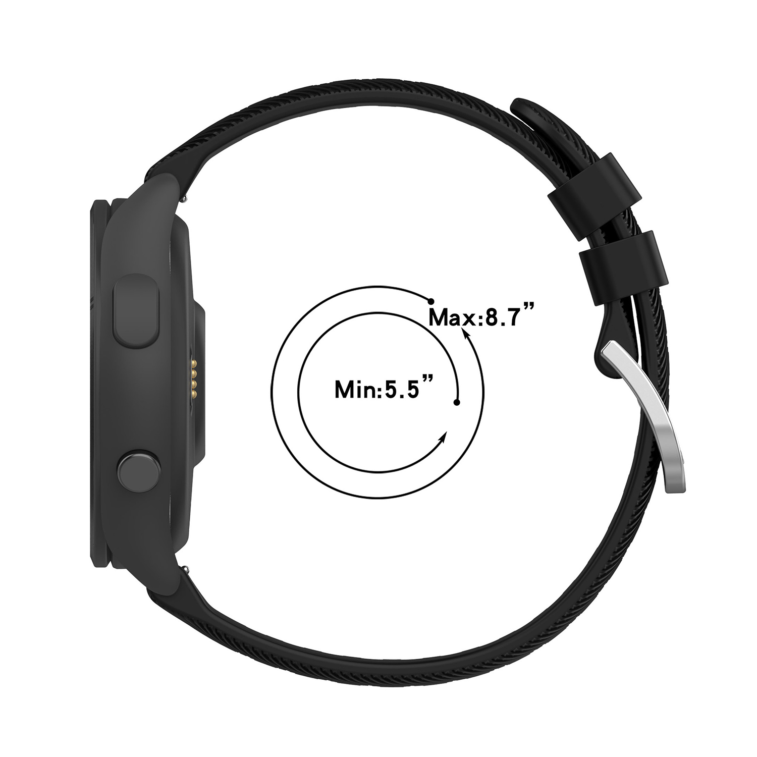 Czarny smartwatch z czarnym paskiem. Zegarek pokazuje zakres rozmiarów od 5,5 do 8,7 cala.