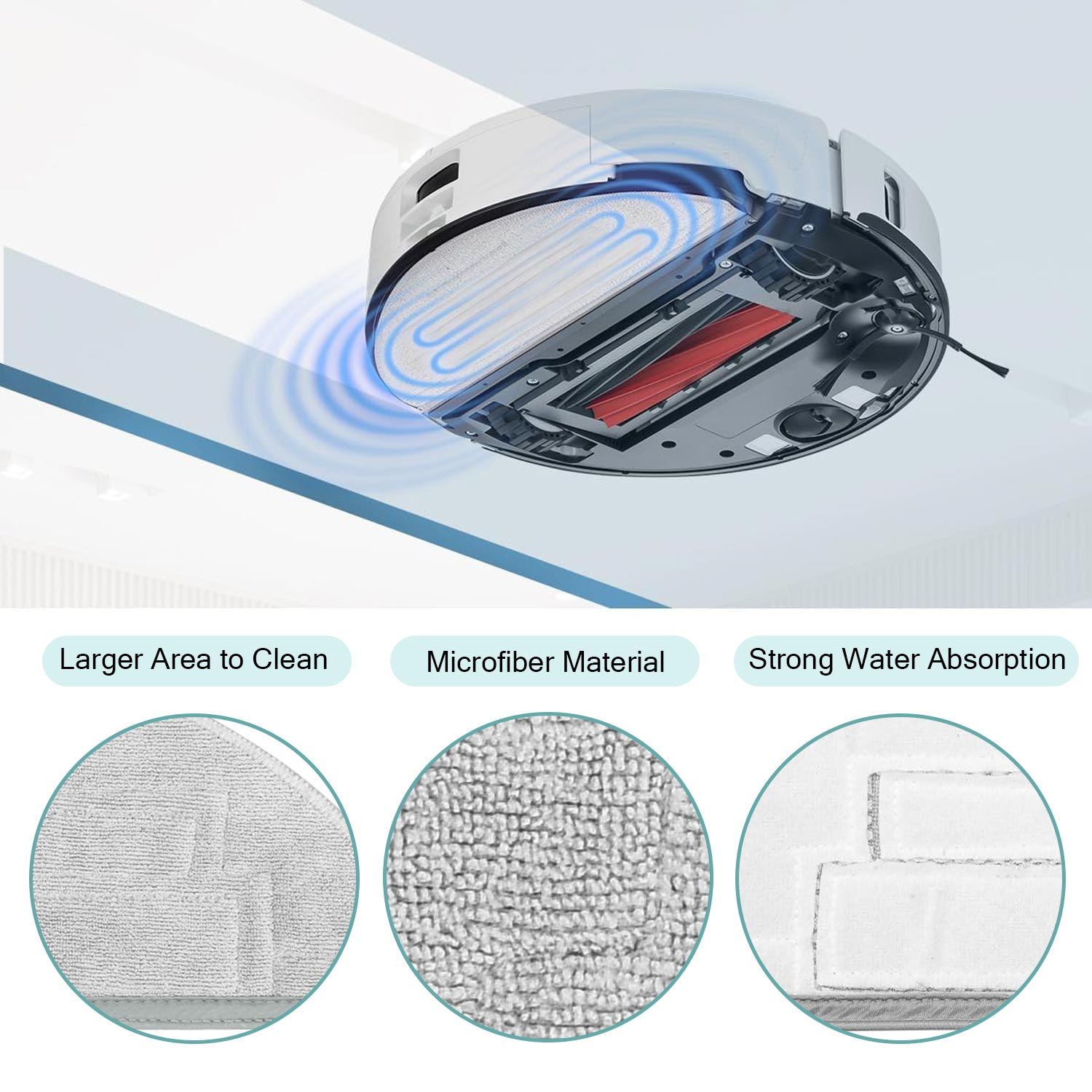 Robot sprzątający z nakładkami czyszczącymi, tekst: Większa powierzchnia czyszczenia, mikrofibra, silna absorpcja wody.