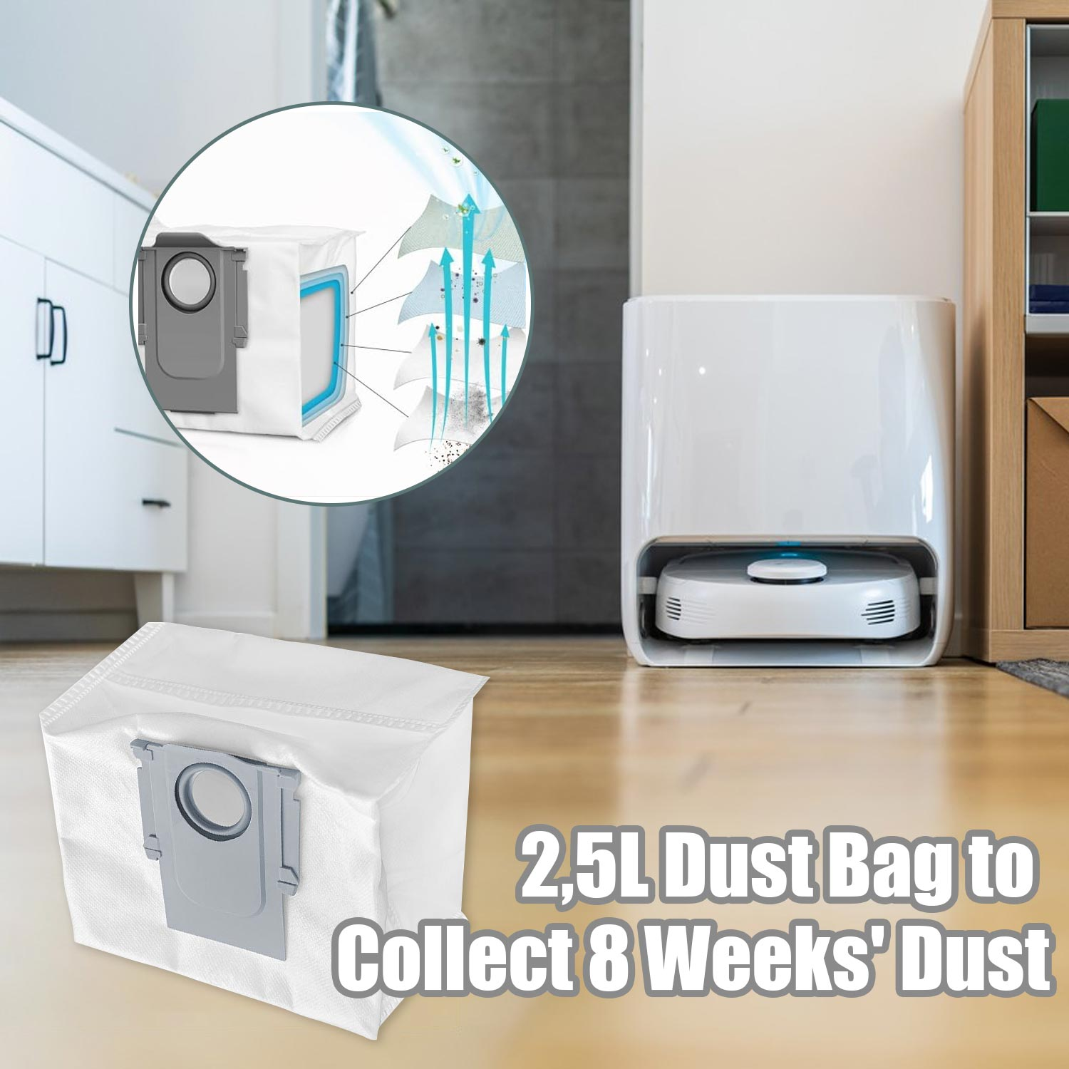 Biała stacja bazowa odkurzacza z workiem na kurz i robotem sprzątającym w stacji.