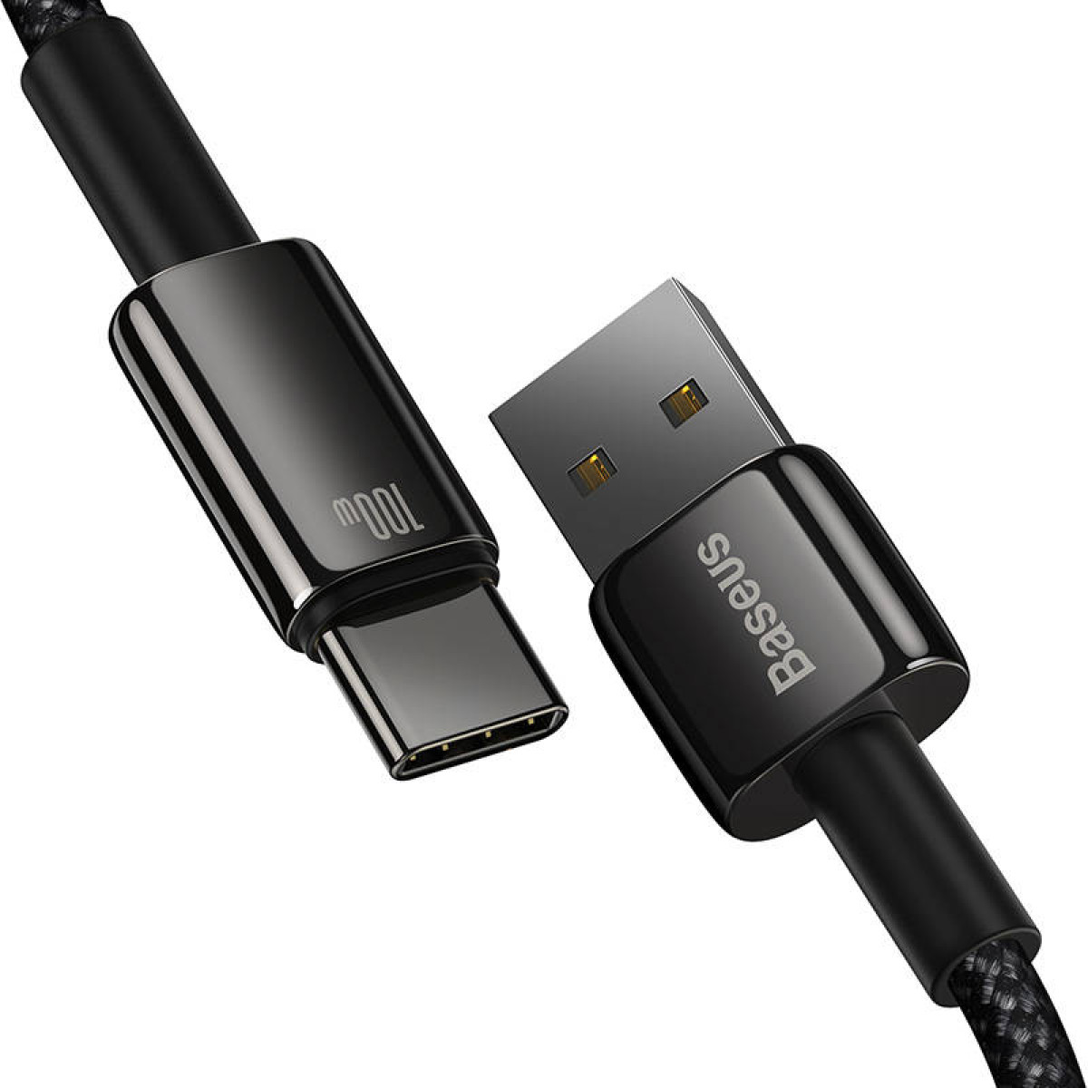 Czarno-srebrny kabel USB-C z oznaczeniem '100W' i logo 'Baseus' na złączu.