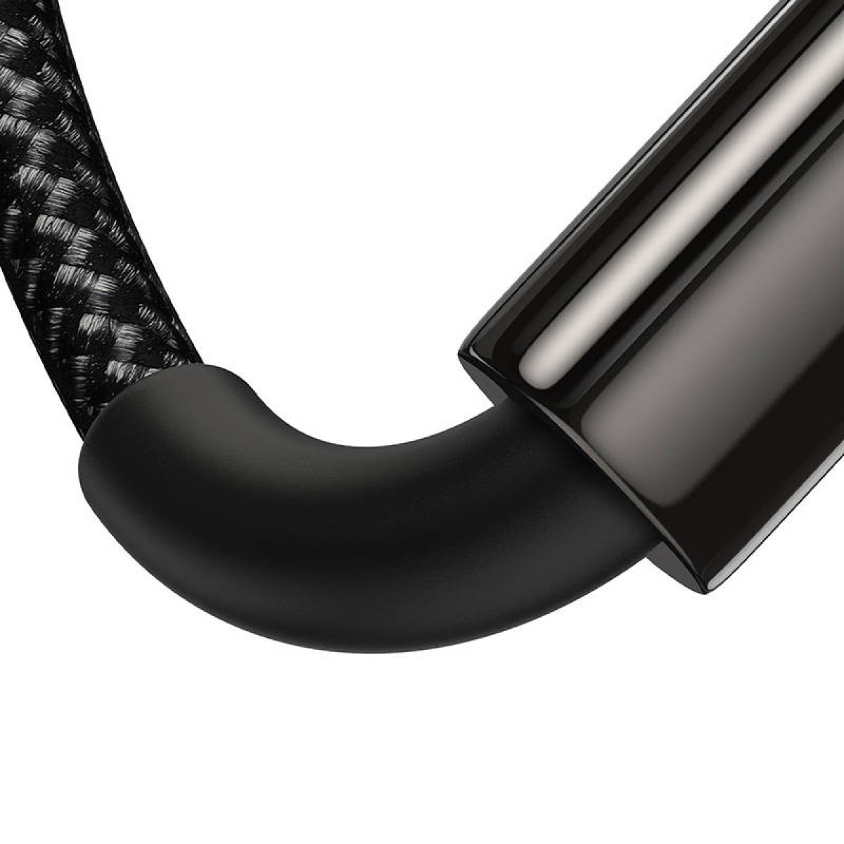 Czarny kabel z zakrzywioną gumową sekcją połączoną z błyszczącym konektorem.