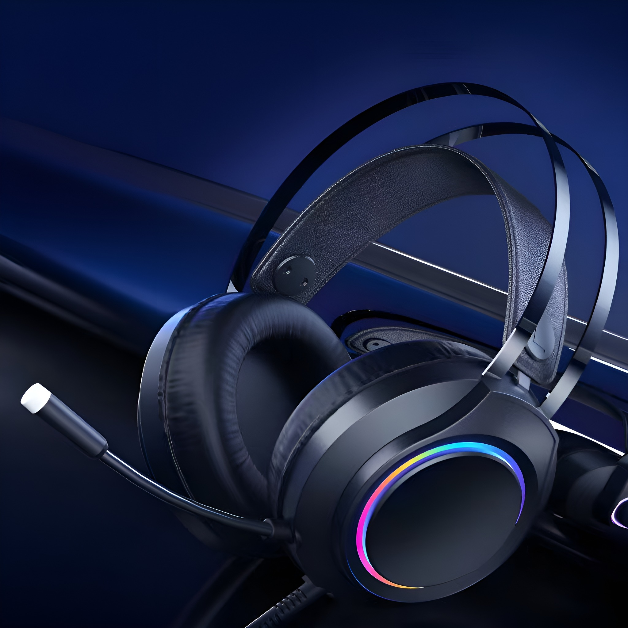 Schwarzes Gaming-Headset mit Mikrofon und mehrfarbigen Lichtern. Dunkelblauer Hintergrund.