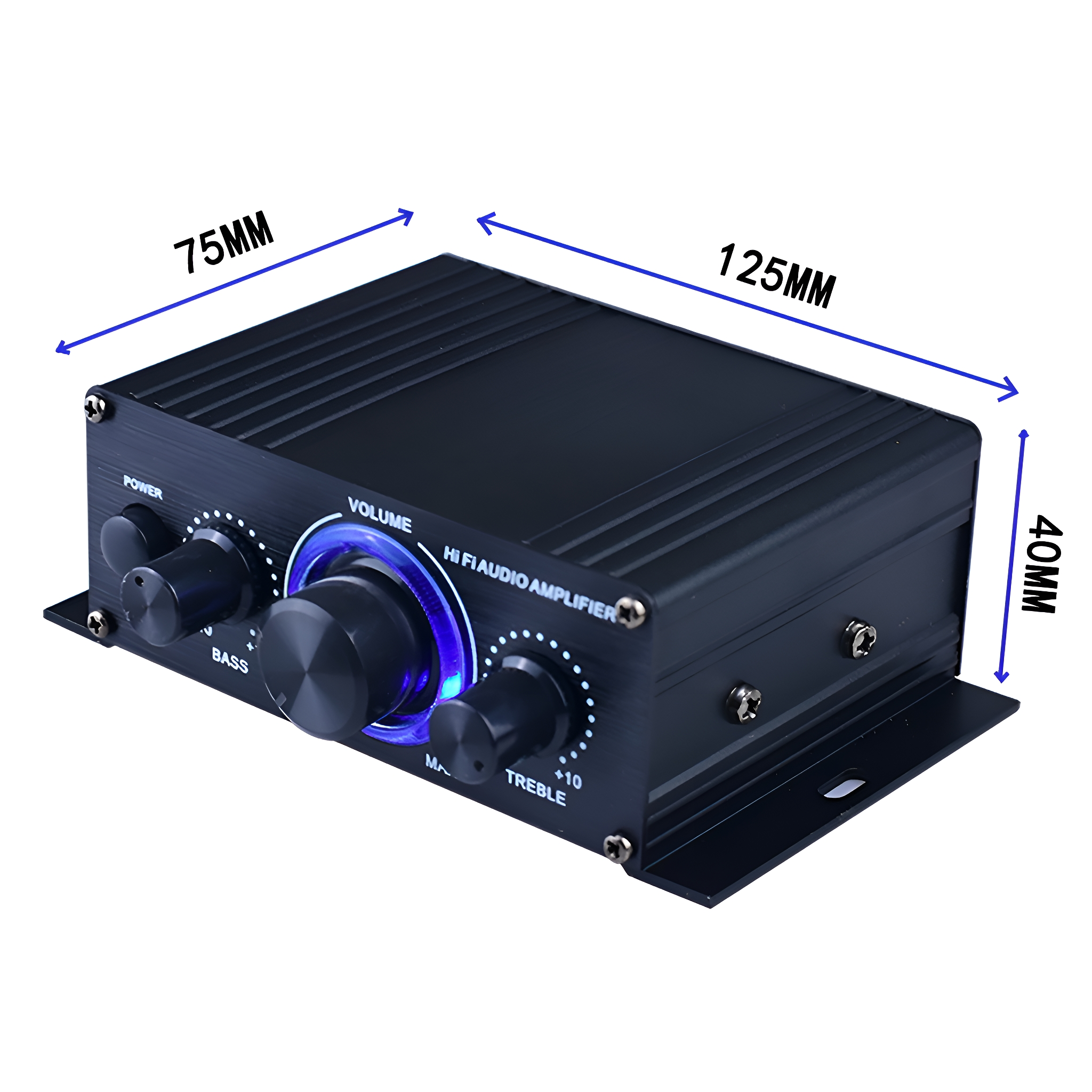 Ein schwarzer HiFi-Audioverstärker mit Knöpfen und Abmessungen in mm.