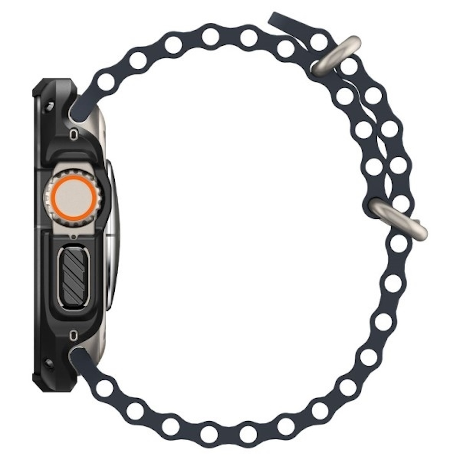 Widok z boku czarnego smartwatcha z granatowym paskiem.