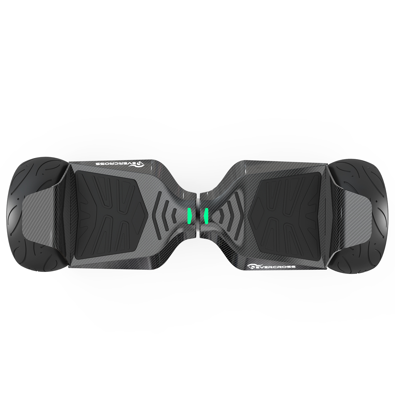 Un hoverboard con diseño de fibra de carbono y luz verde.