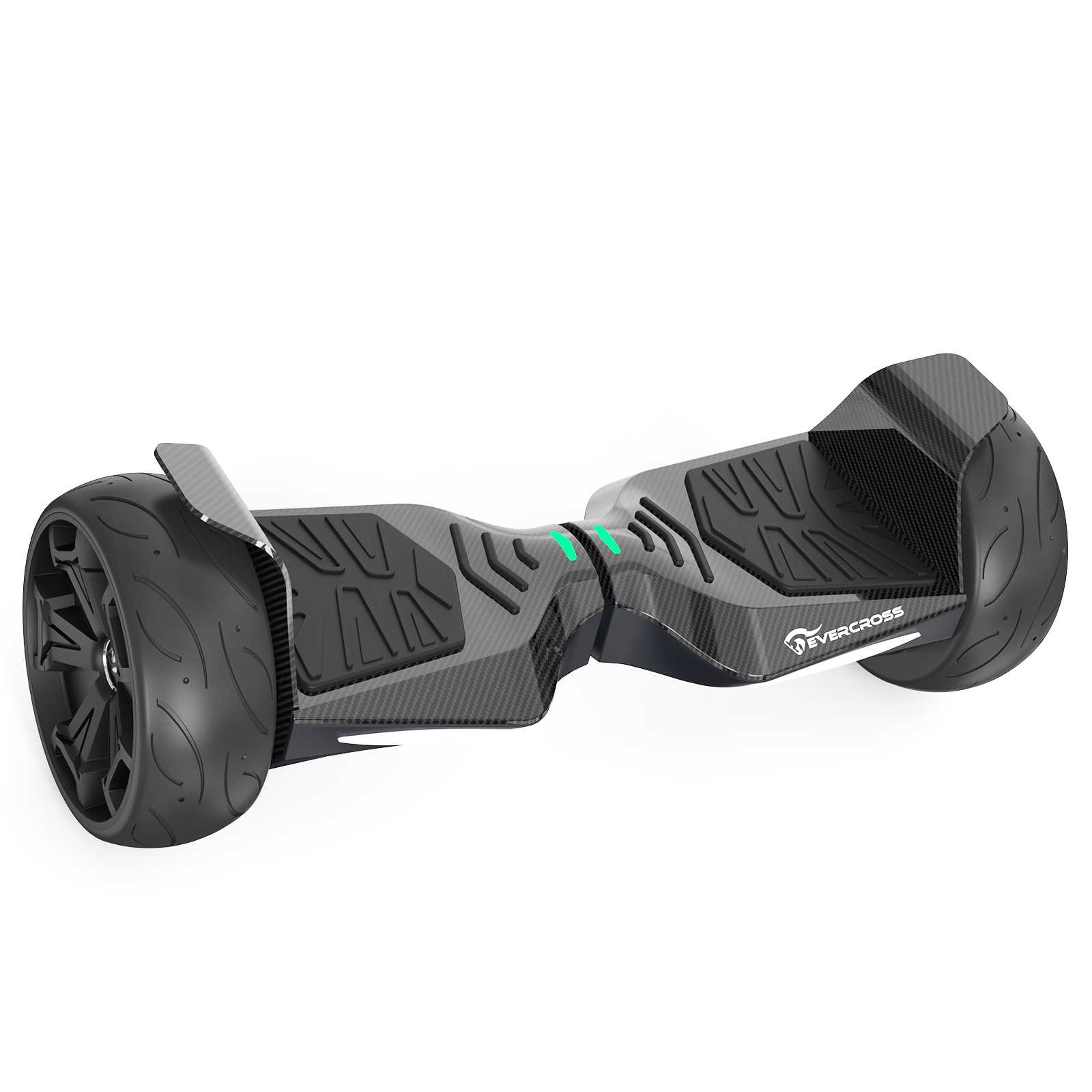 Hoverboard negro y gris con ruedas grandes. La marca Evercross es visible.