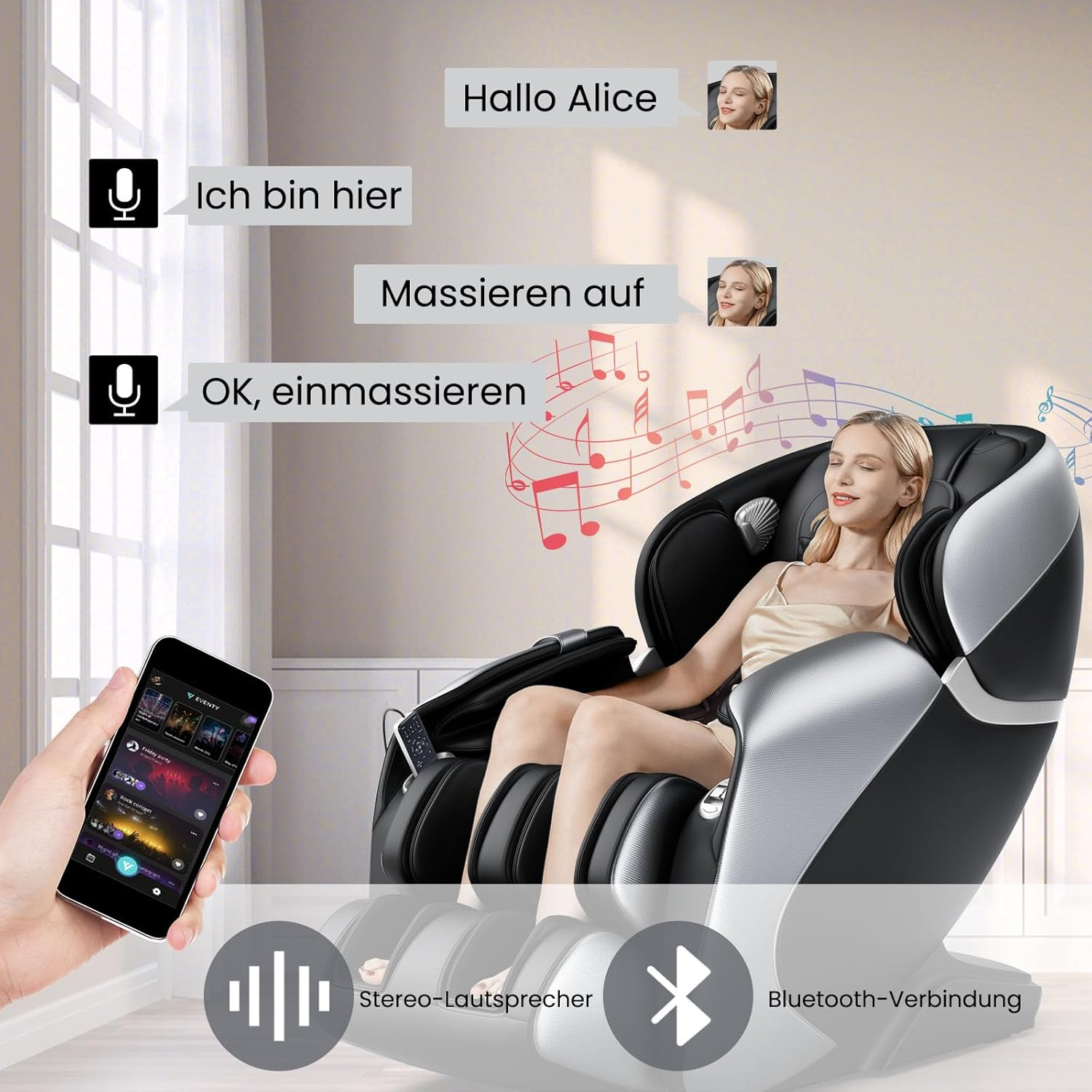 Frau in Massagesessel mit Telefon, das Sprachbefehle zeigt. Text: Hallo Alice, ich bin hier, Massieren auf.