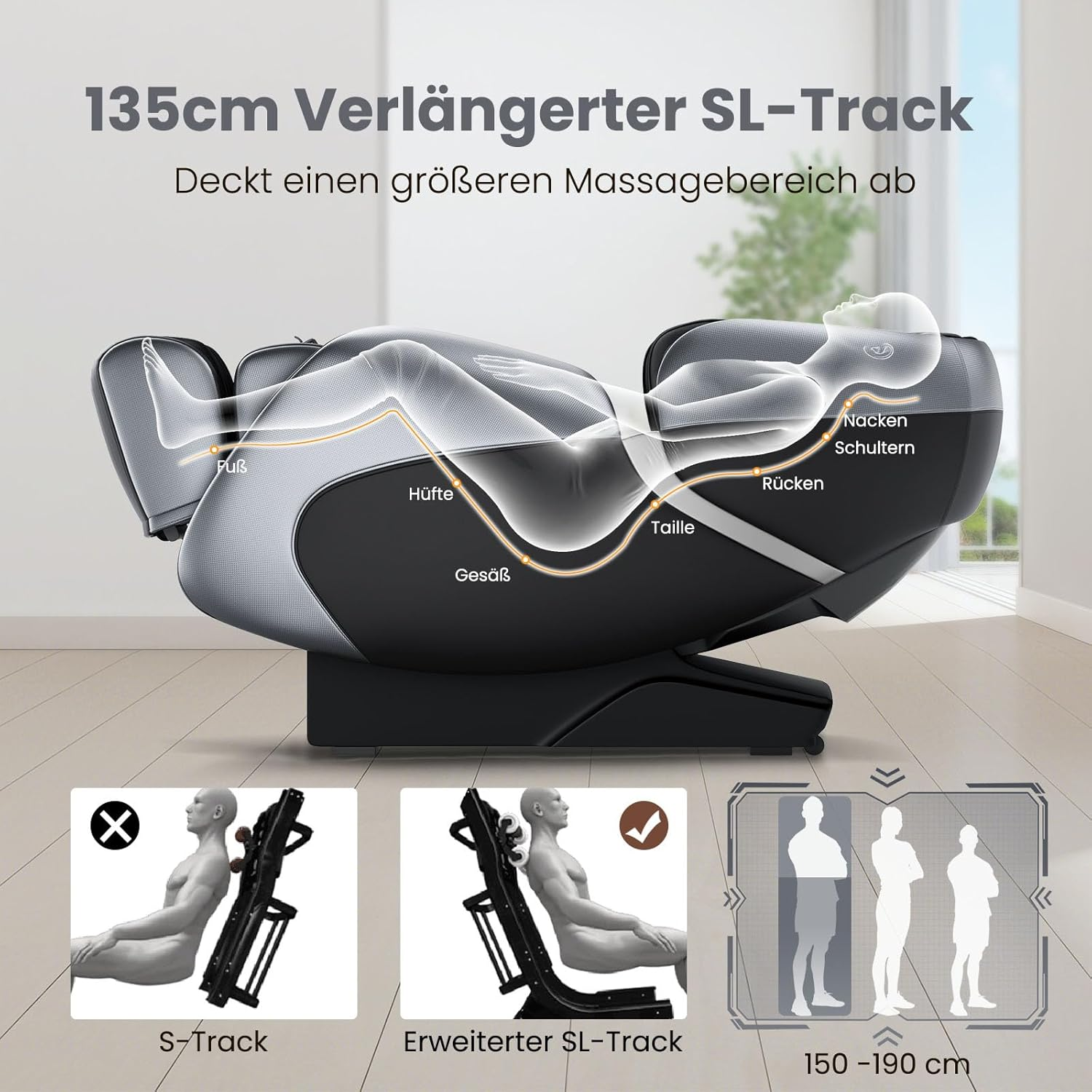 Massage-Stuhl mit Körperdiagramm, Bereiche wie Rücken und Hüfte zeigend. Text: '135cm Verlängerter SL-Track'.