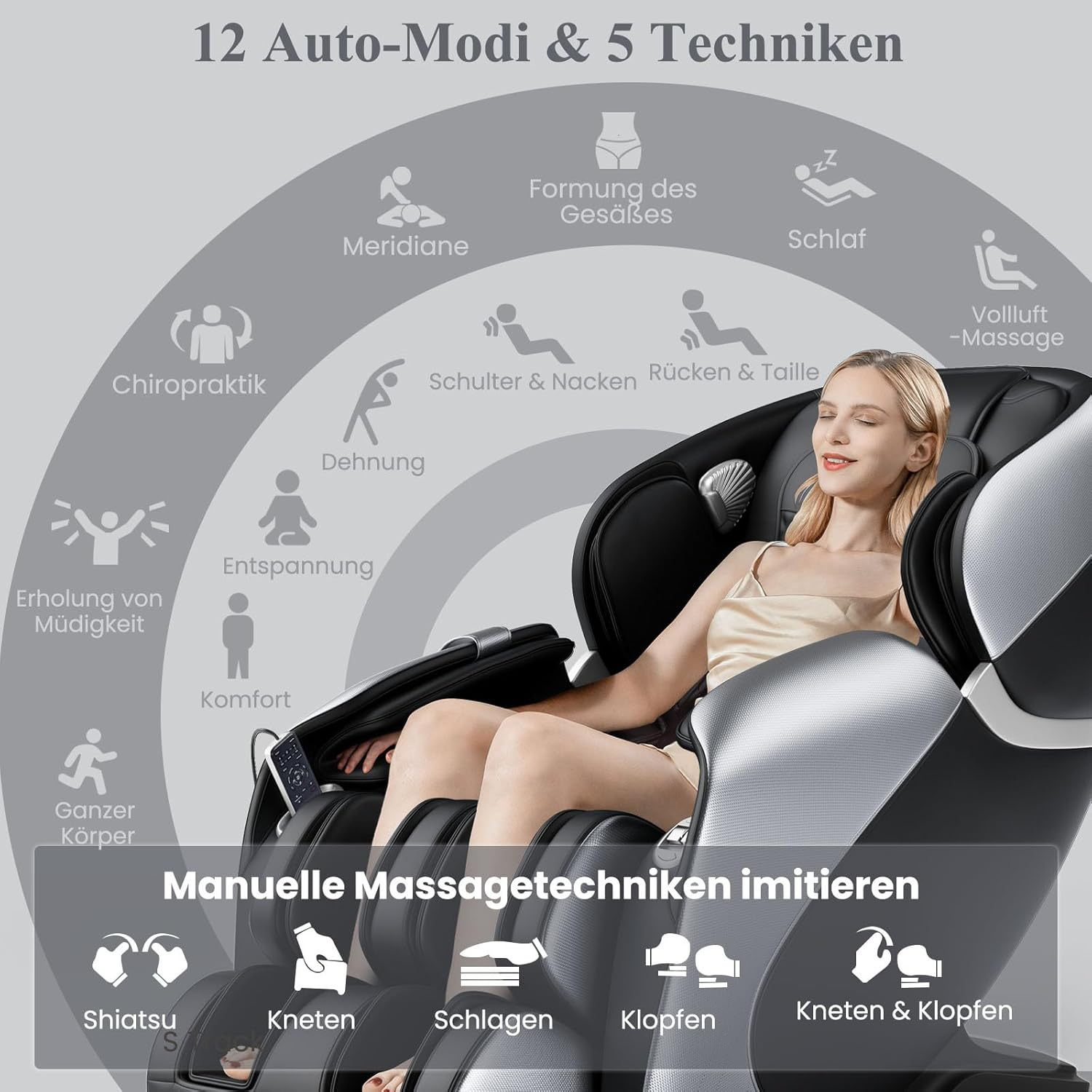 Ein Massagesessel mit einer Frau, die darin sitzt. Symbole beschreiben Massagefunktionen.