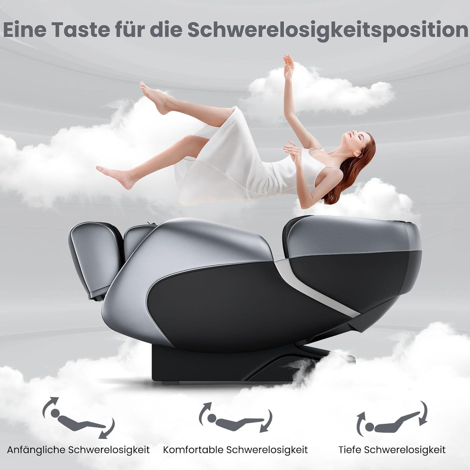 Ein Massagesessel mit einer schwebenden Frau darüber, mit Text über die Schwerelosigkeitsposition.