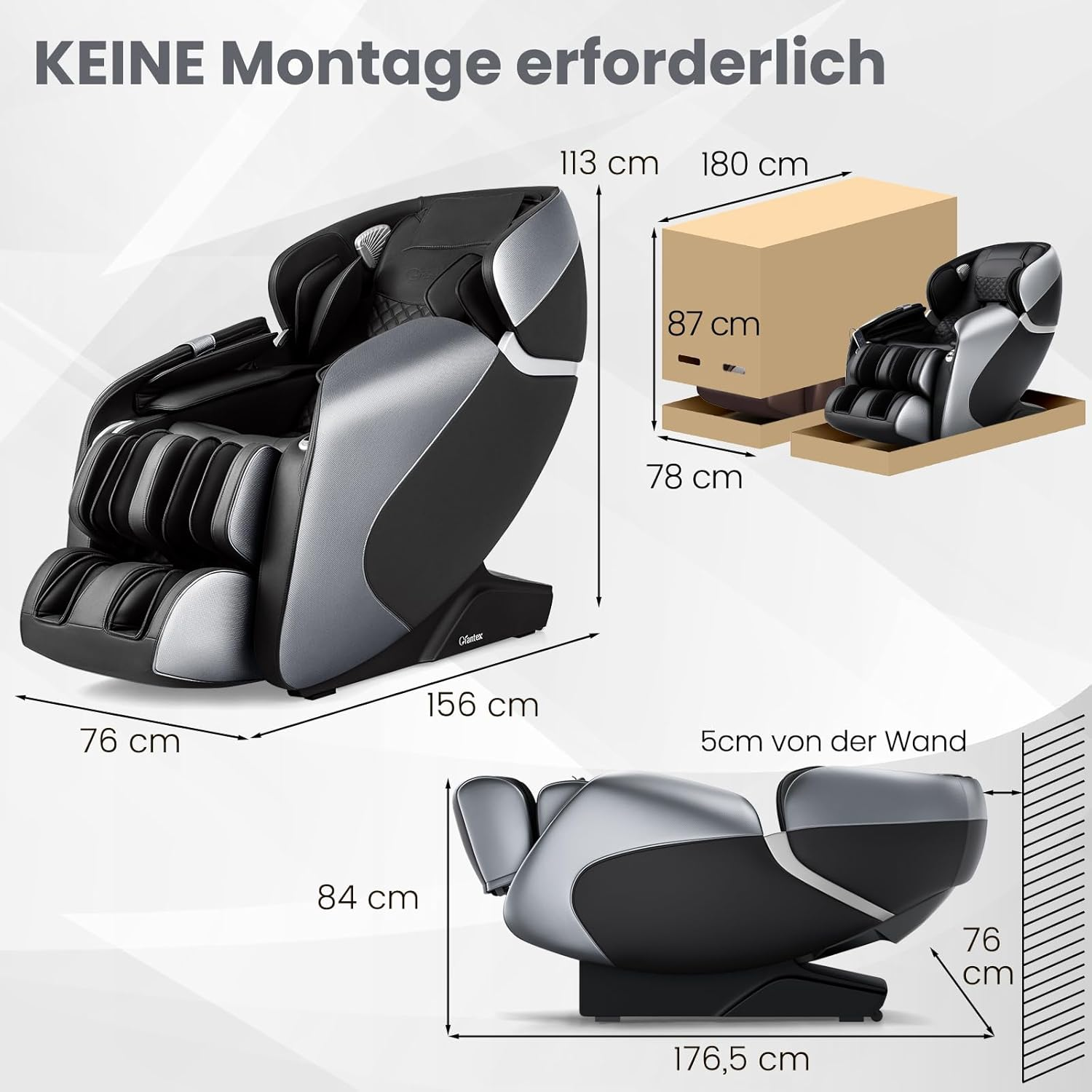 Ein Massagesessel mit Maßen und einem Diagramm, das die Abmessungen und den Wandabstand zeigt.