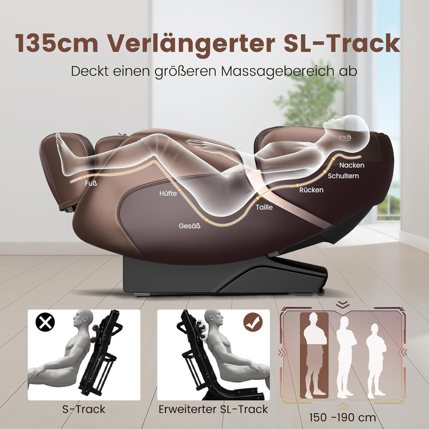 Ein brauner Massagesessel mit Diagramm, das Körperteile und Massagebereich zeigt.