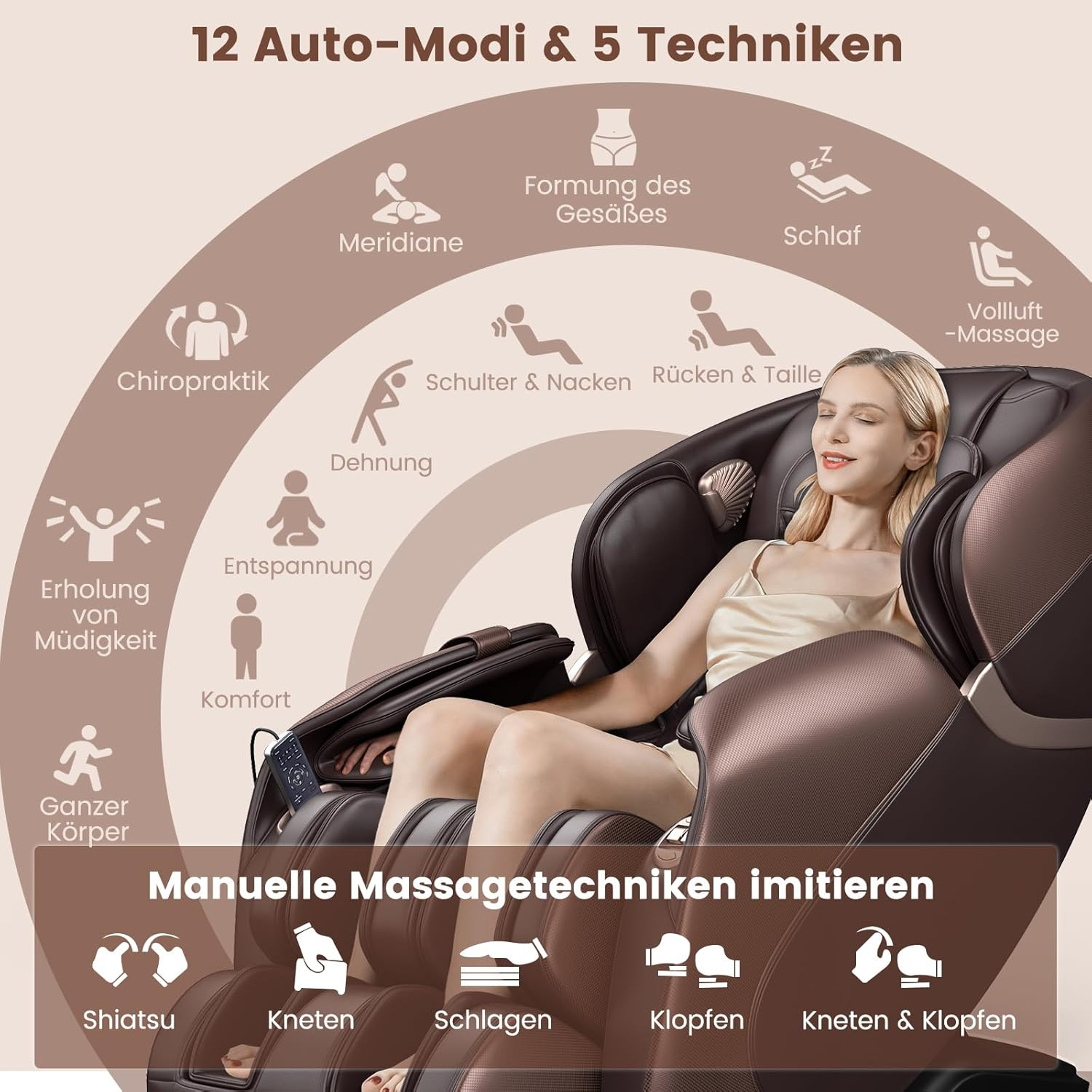Massagestuhl mit verschiedenen Massagetechniken und Automatikmodi. Eine Frau sitzt im Stuhl.