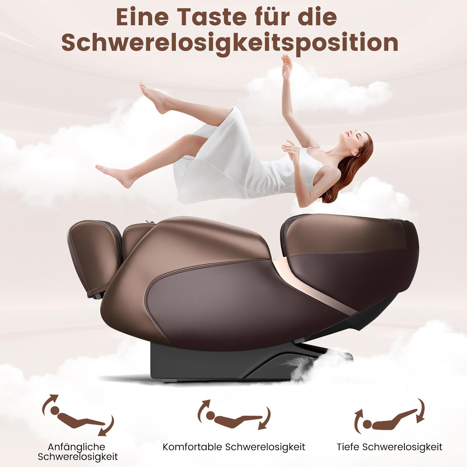 Frau in weißem Kleid schwebt über einem braunen Massagestuhl. Text: Schwerelosigkeitsposition.