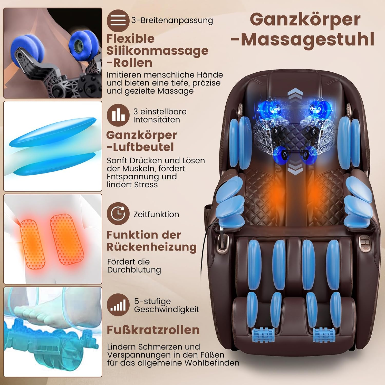 Massage-Stuhl mit blauen Rollen, braunen Kissen und Bedienfeld, mit Textbeschriftungen.