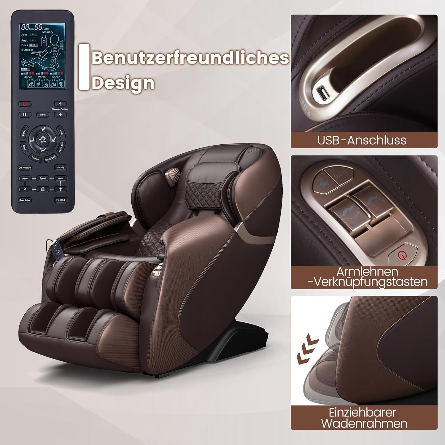 Ein brauner Massagesessel mit Fernbedienung, USB-Anschluss, Bedienelementen und ausziehbarer Fußstütze.