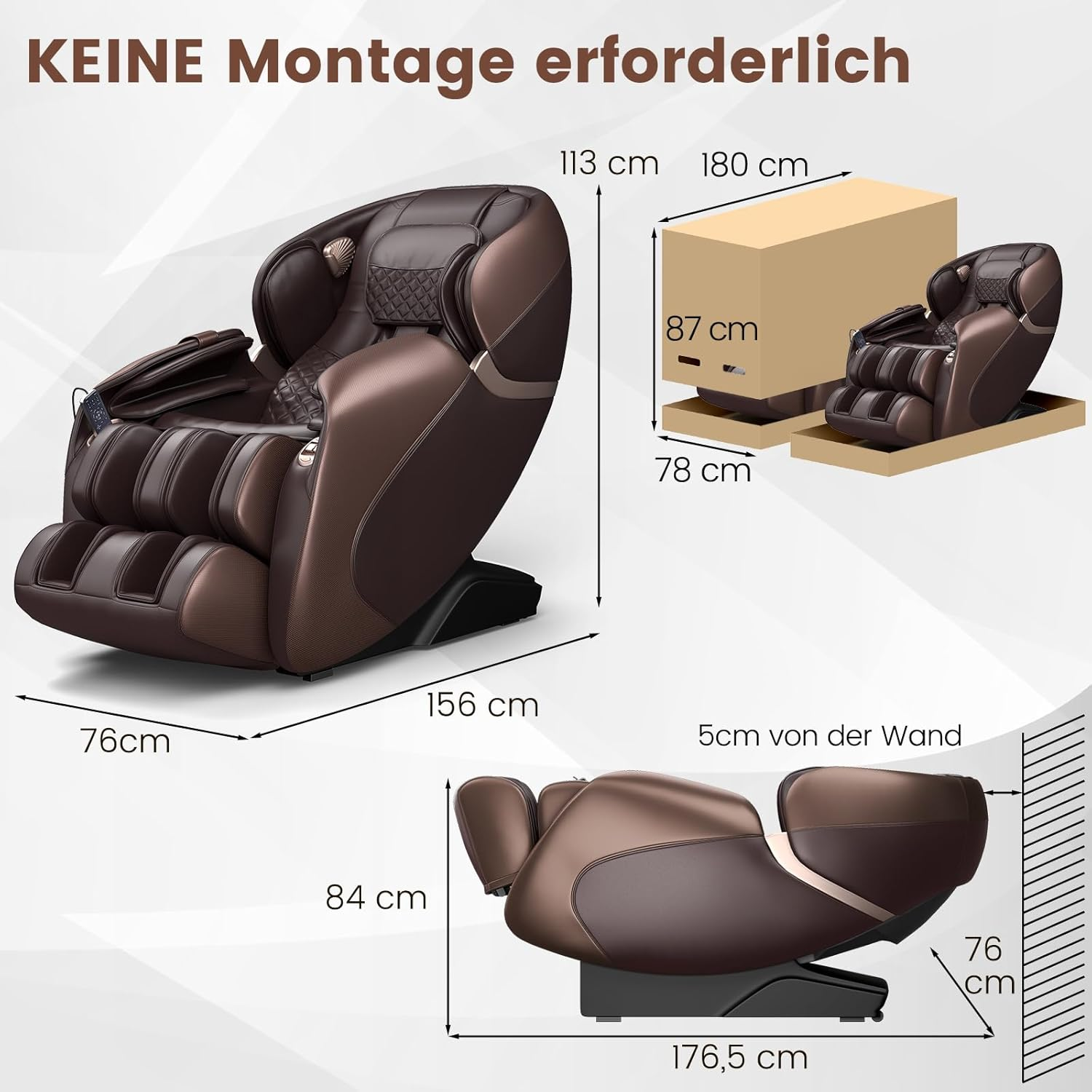 Brauner Massagestuhl mit Abmessungen. Eine Box mit Abmessungen ist ebenfalls abgebildet.