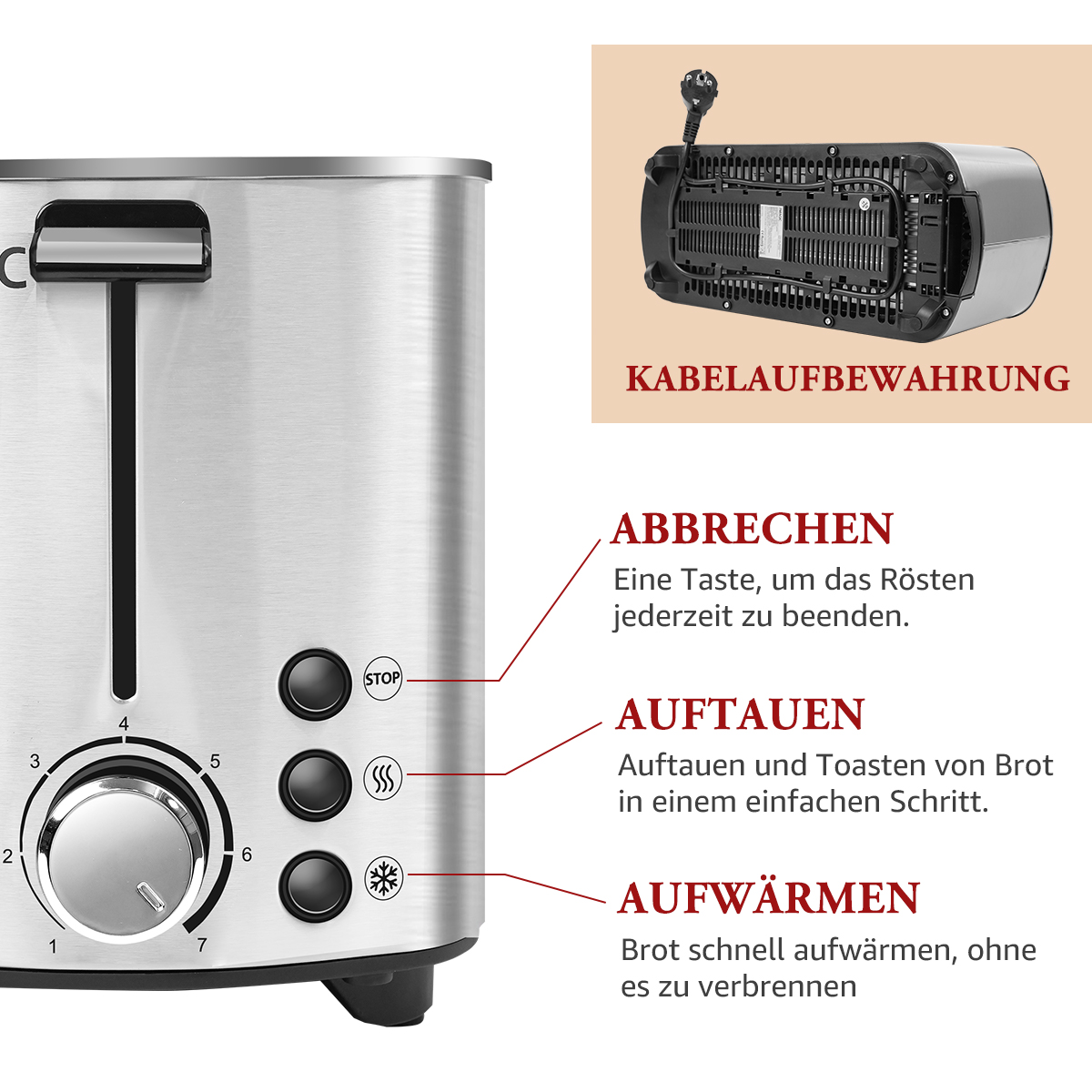 Silberner Toaster mit Knöpfen: Stopp, Auftauen und Aufwärmen. Merkmale und Beschriftungen.