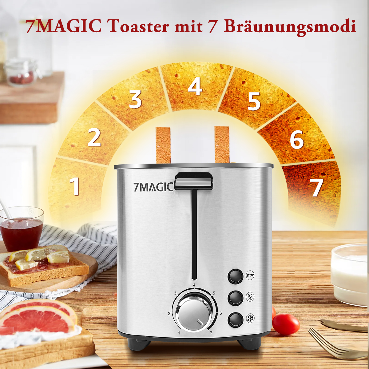 Silberner 7MAGIC Toaster mit 7 Bräunungsmodi. Toast und Obst befinden sich vor dem Toaster.