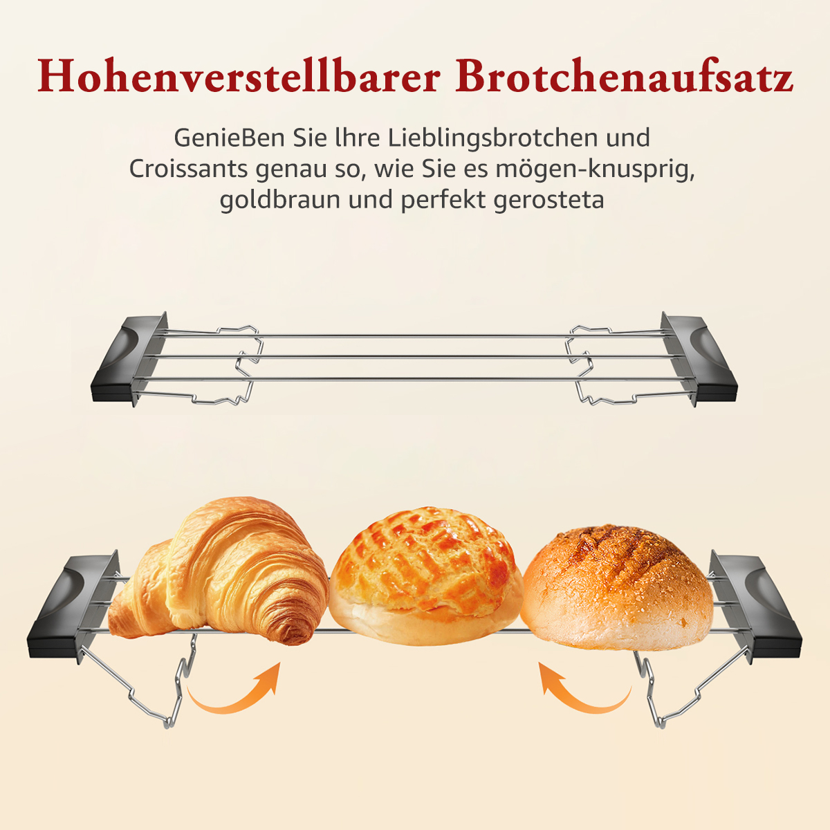 Ein Brot-Wärmer mit drei Backwaren. Text auf Deutsch. Croissant, Brötchen und Rolle liegen auf dem Wärmer.