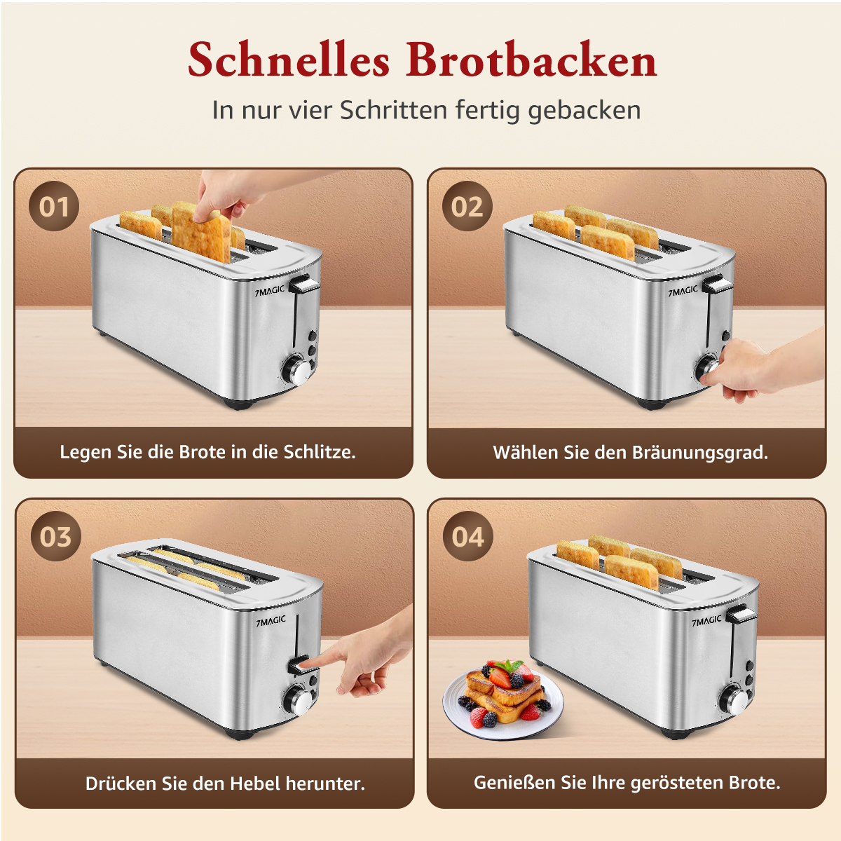 Vier Bilder zeigen, wie man Brot mit einem Toaster toastet. Das letzte Bild zeigt Toast und Obst.