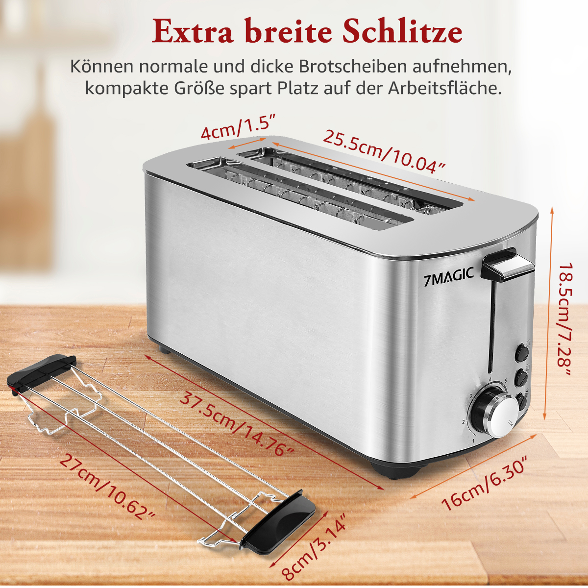 Silberner Toaster mit Abmessungen. Ein Brotkorb befindet sich vor dem Toaster.