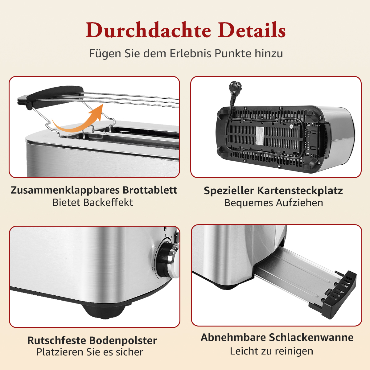 Vier Bilder mit Toaster-Funktionen: Klappfach, Spezialsteckdose, rutschfester Boden, herausnehmbare Wanne.