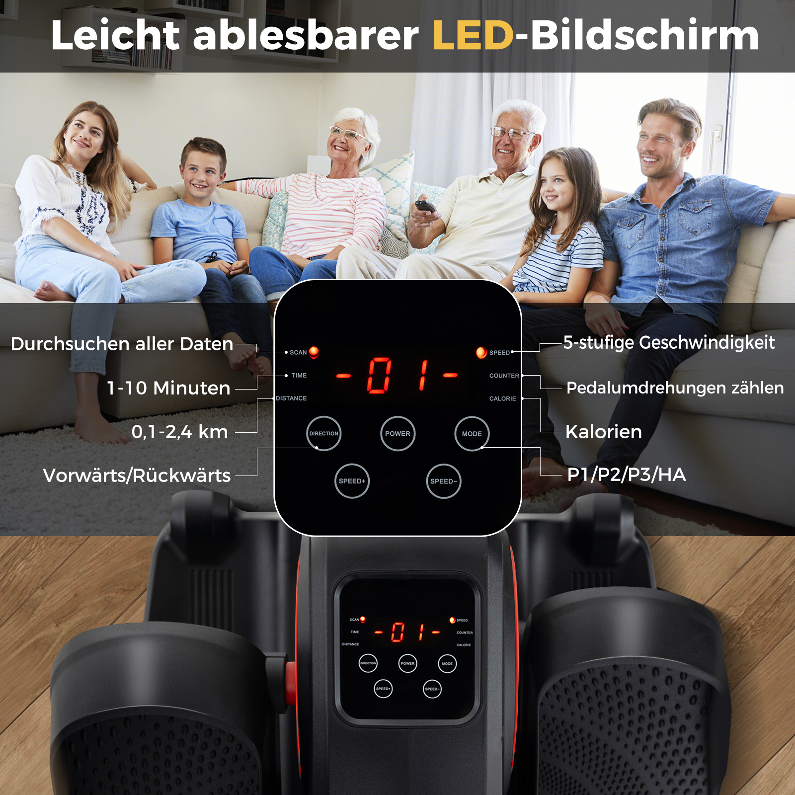 Eine Familie benutzt ein Trainingsgerät. Ein Display zeigt Trainingskennzahlen.