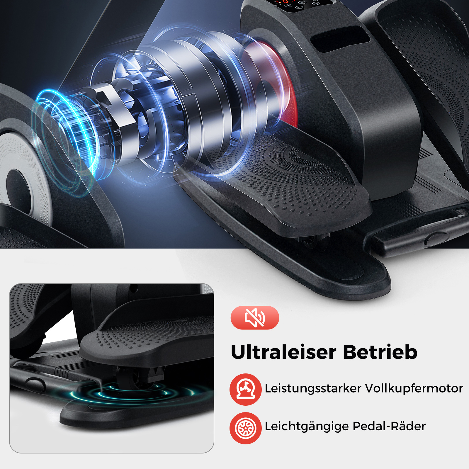 Ein Trainingsgerät mit hervorgehobenen Details seines Mechanismus und seiner Bedienelemente.
