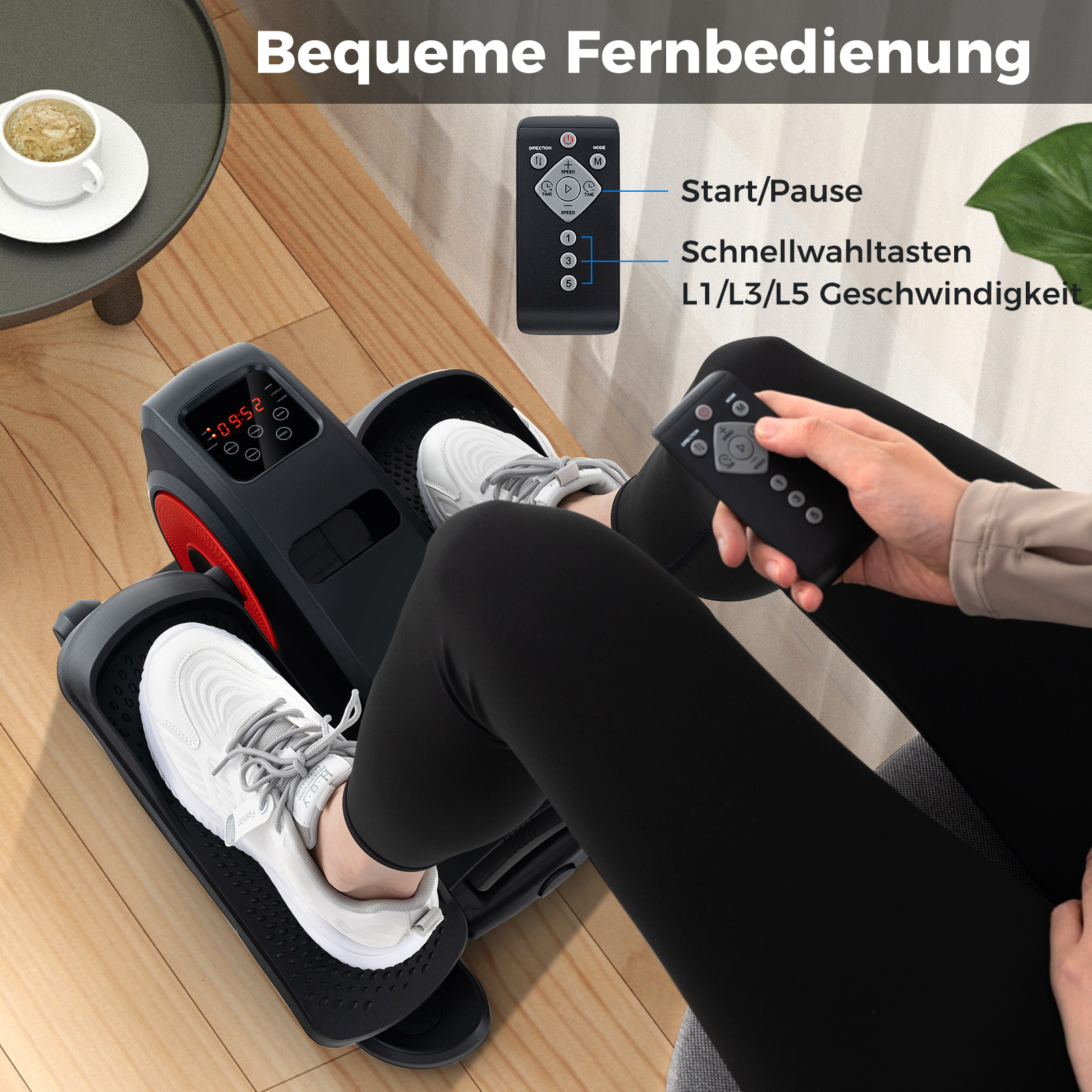 Person trainiert auf einem Ellipsentrainer. Eine Fernbedienung mit Text wird gezeigt.