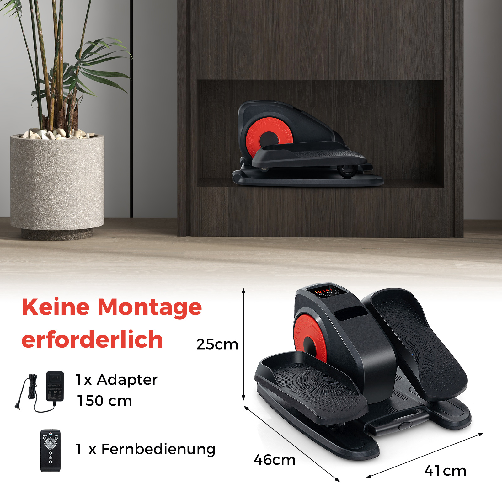 Schwarze und rote Ellipsenmaschine mit Abmessungen und Adapter, Fernbedienung.