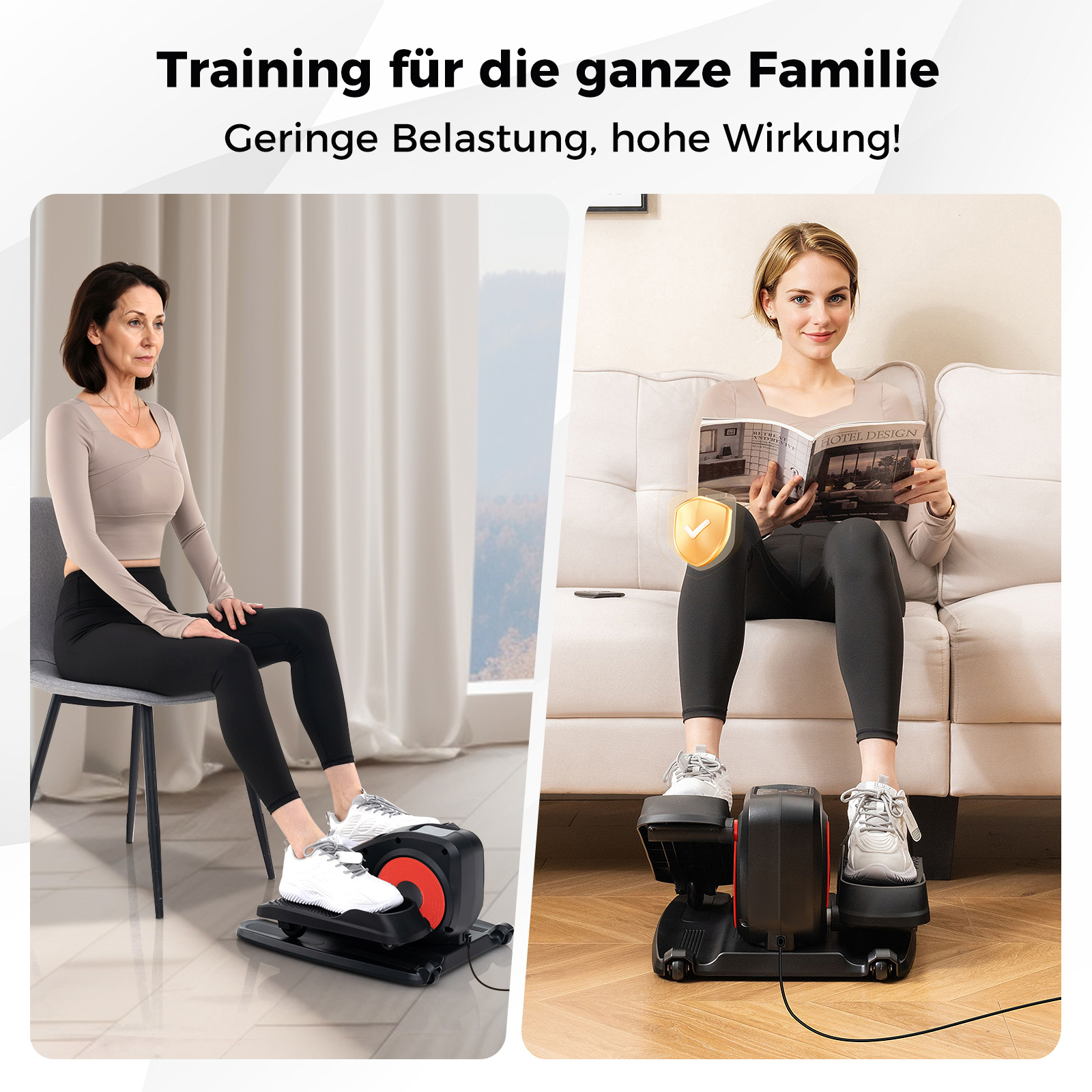 Zwei Personen auf Ellipsentrainern. Einer liest ein Buch, der andere schaut nach vorne.