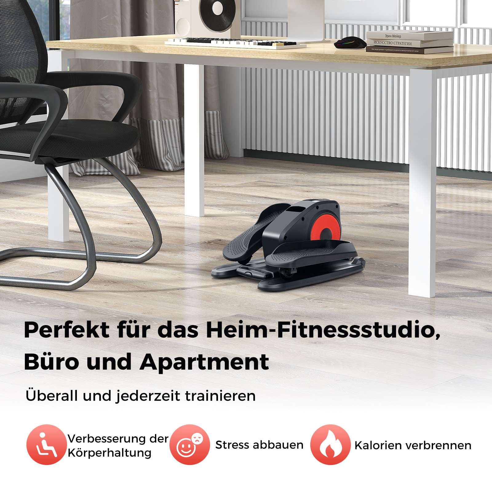 Ellipsentrainer auf Holzfußboden unter einem Schreibtisch, mit deutschem Text.