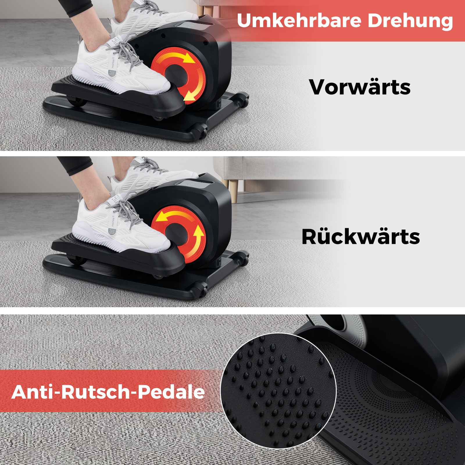 Ellipsentrainer, zeigt Vorwärts- und Rückwärtstreten.