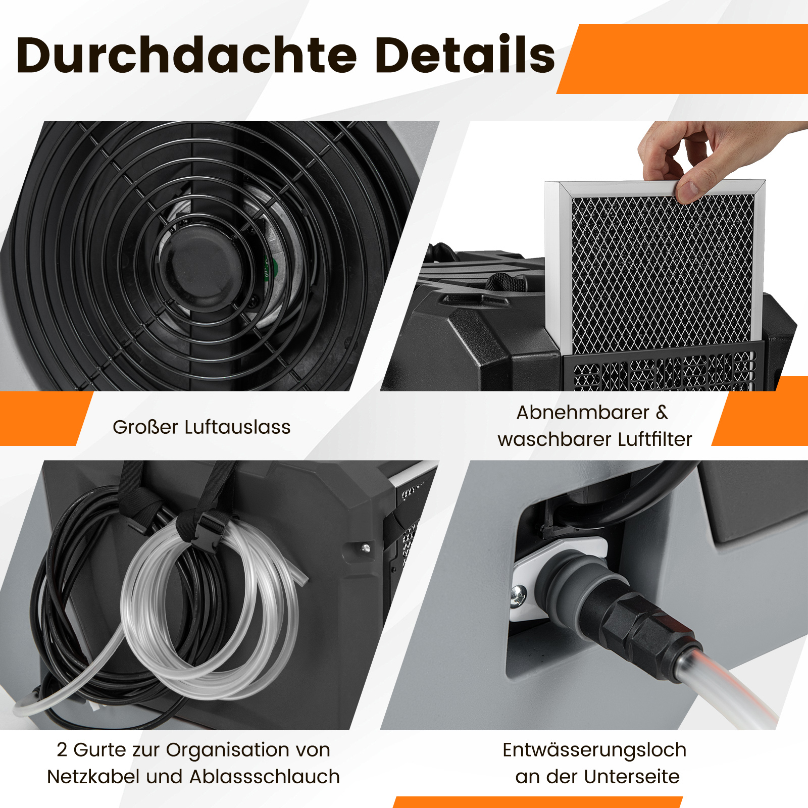 Nahaufnahmen eines Reinigungsgeräts mit Details wie Lüfter, Filter und Schlauchorganisation.